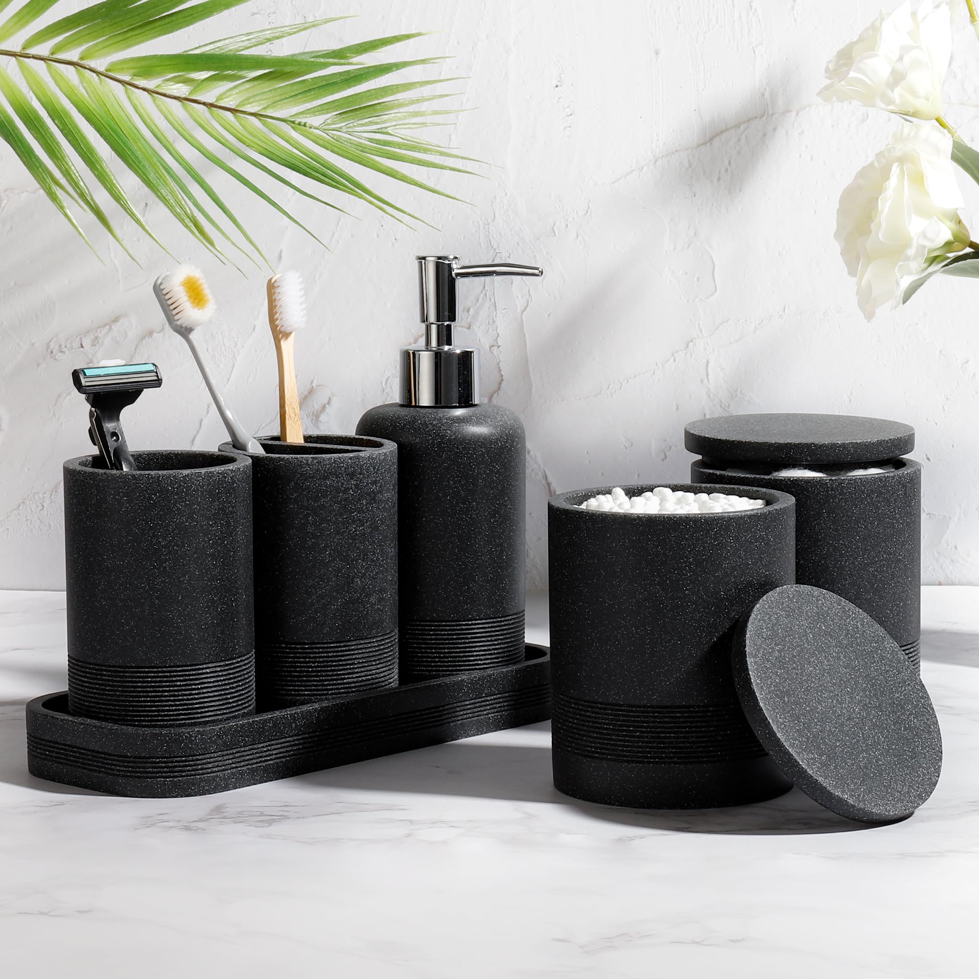 YMXYJM Juego de accesorios de baño, juego de baño de 6 piezas con soportes para cepillos de dientes, dispensador de jabón, bandeja de tocador, vaso, tarros de hisopo de algodón, organizador de baño