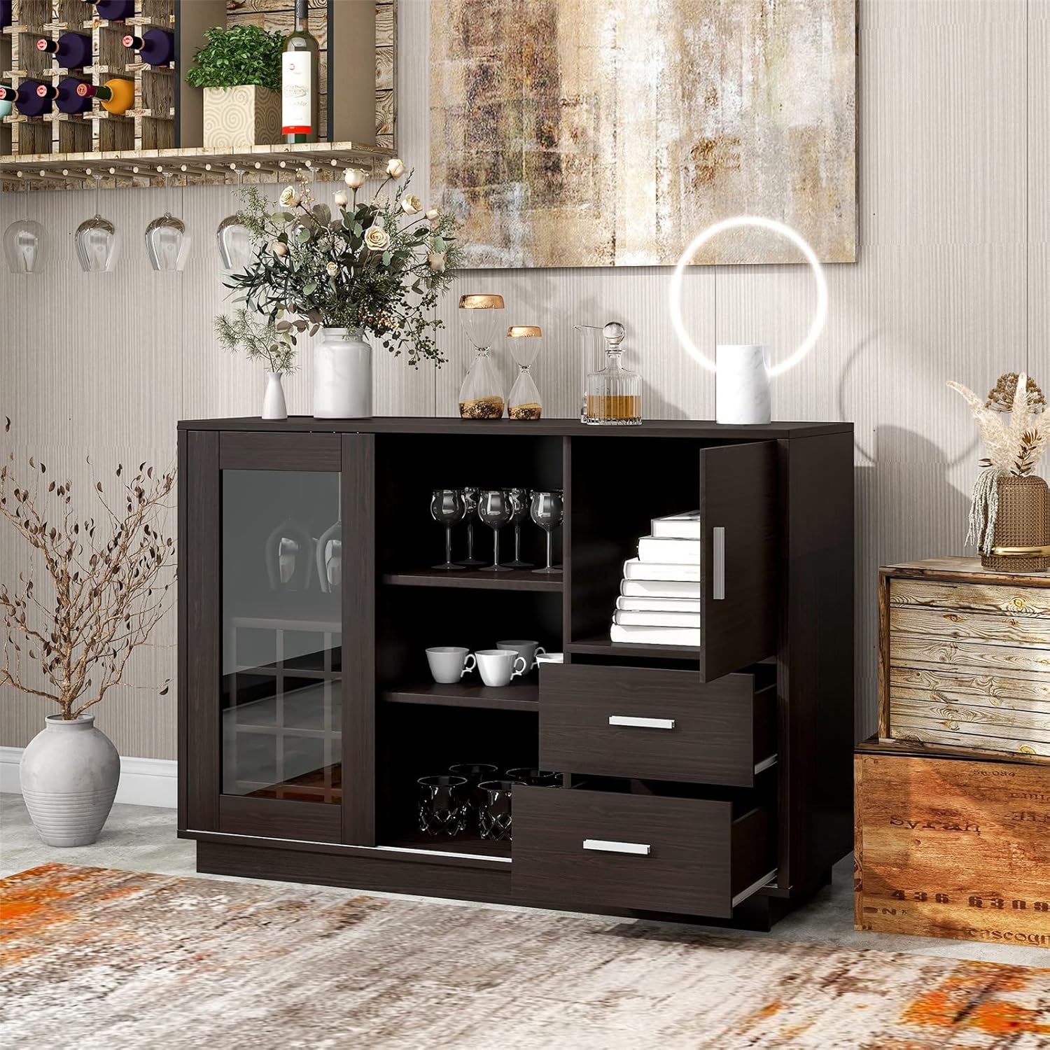 Modern Kitchen Functional Sideboard with Glass Sliding Door and Integrated 16 Bar Wine Compartment, Wineglass Holders for Dining Room, Kitchen, Living Room (Espresso) (Espresso)