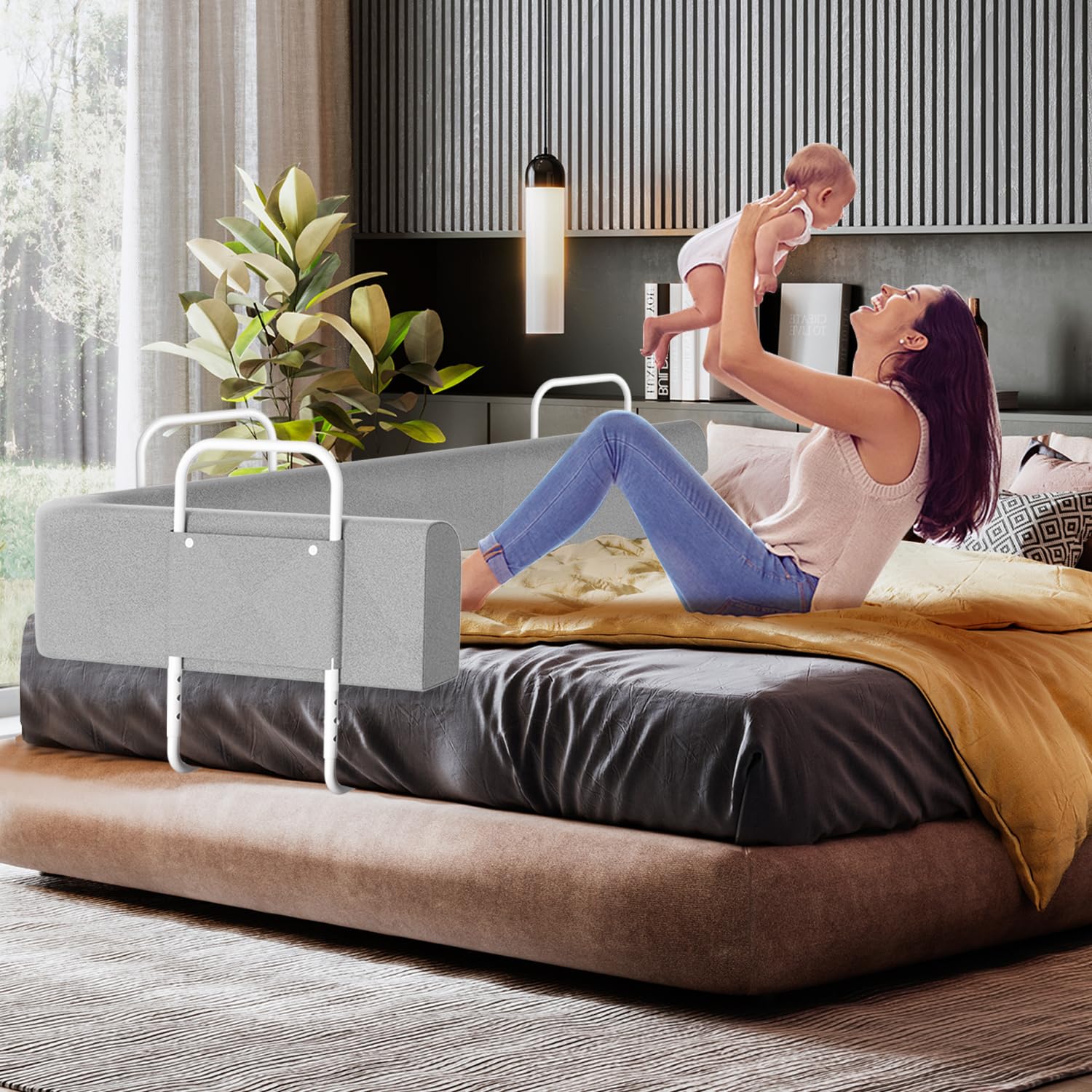 Bettgitter Bettschutzgitter 200 cm, Rausfallschutz für Kinderbett und Familienbett, 5-Fach höhenverstellbar 40-60 cm, biegsames weiches Bettgitter mit 4 Halterungen, Grau