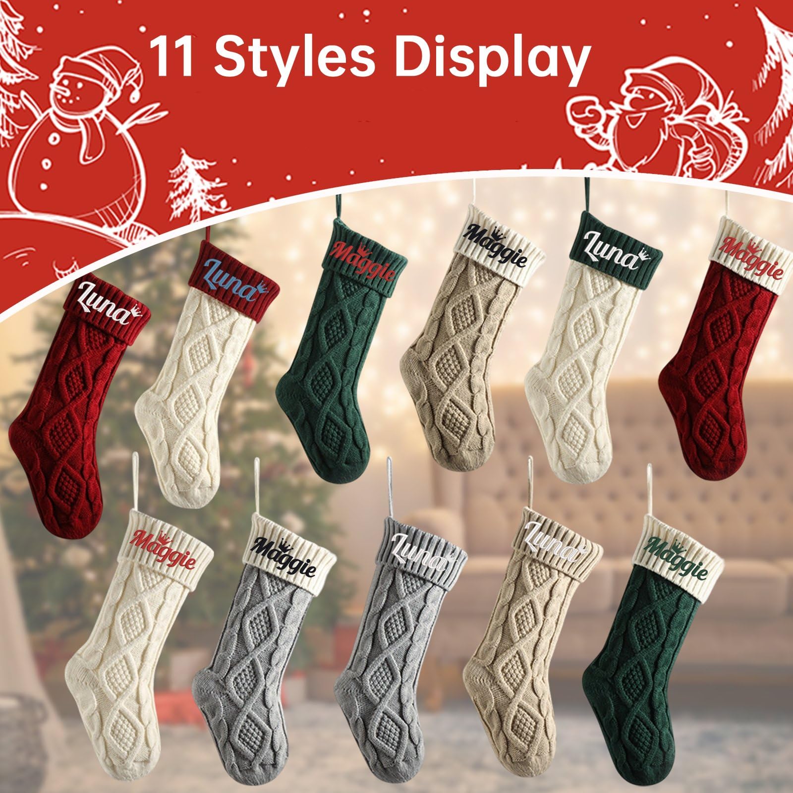 Calcetines de Navidad grandes de punto de 45,72 cm con nombres bordados personalizados, calcetines de Navidad grandes de punto para Navidad, decoración familiar y para colgar en la chimenea