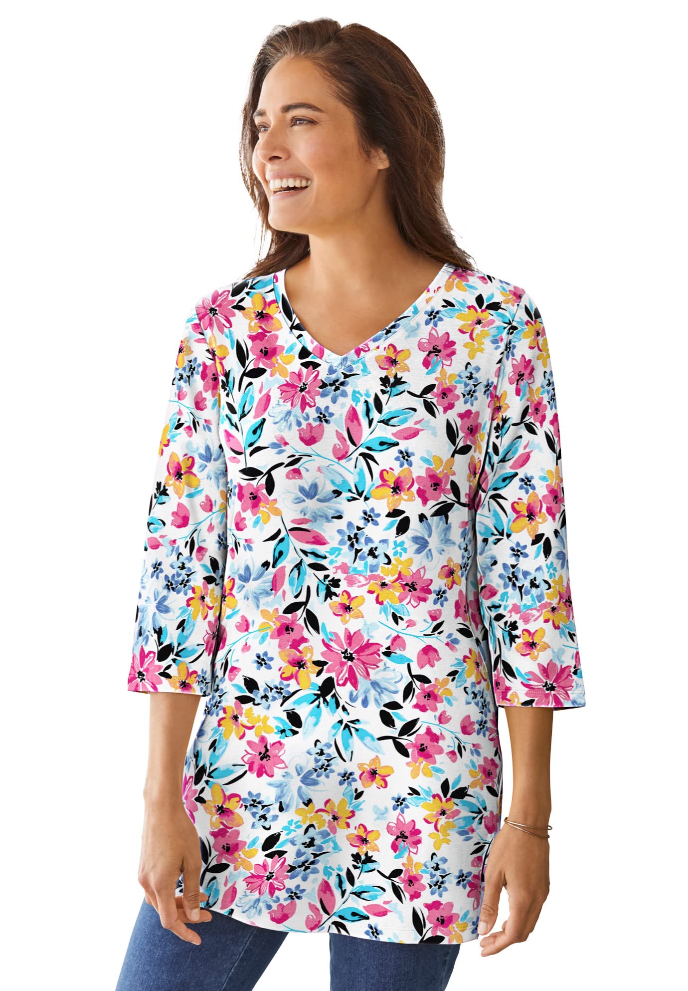 Woman Within Plus Size Perfect Printed Three-Quarter-Sleeve V-Neck Tunic