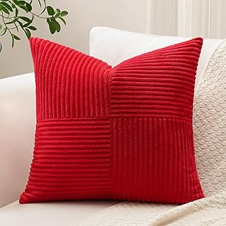 Sungeek Lot de 1 housse de coussin décoratif, taie d'oreiller carrée en velours côtelé doux, texturé avec motif de croix et patchwork uni pour canapé, lit, terrasse, 40 x 40 cm, rouge