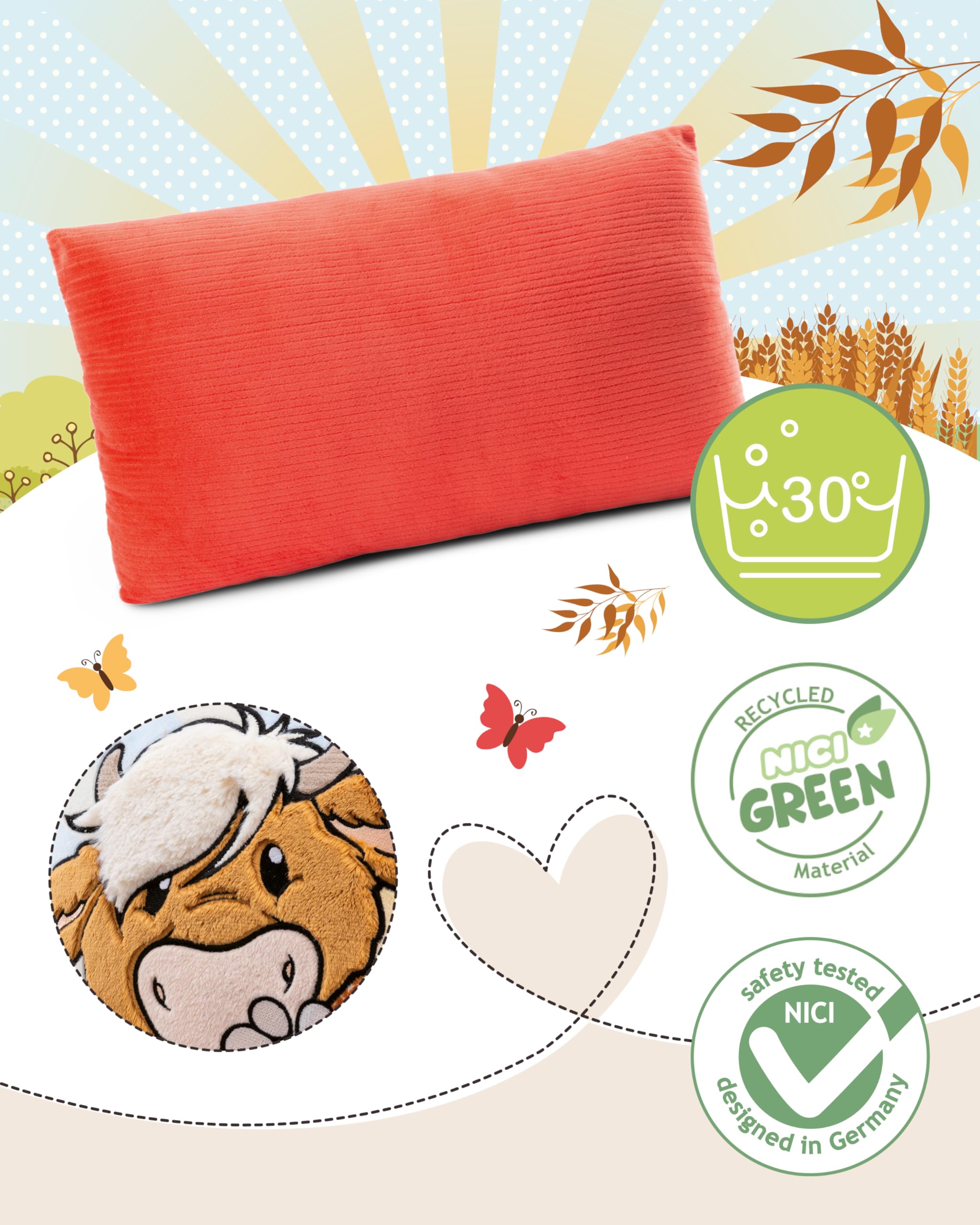 NICI Kinder Kissen Hochlandrind McMooray & Küken Eggwina 43x25cm weiß - Flauschiges NICI Kuschelkissen für Kinder, Babys & Kuscheltierliebhaber: ideal für Zuhause, Kindergarten oder unterwegs - 61120