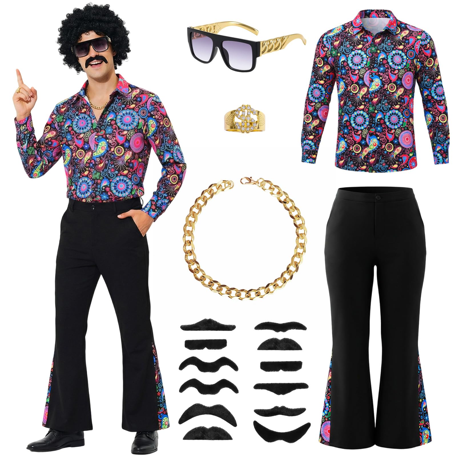 Aleshime Men's 70s Disco Hippie Costume Set, 60s 70s Retro Fancy Dress Outfit with Printed Shirt, Flare Pants, Gold Chain, Sunglasses & Mustache for Halloween Disco Party Carnival