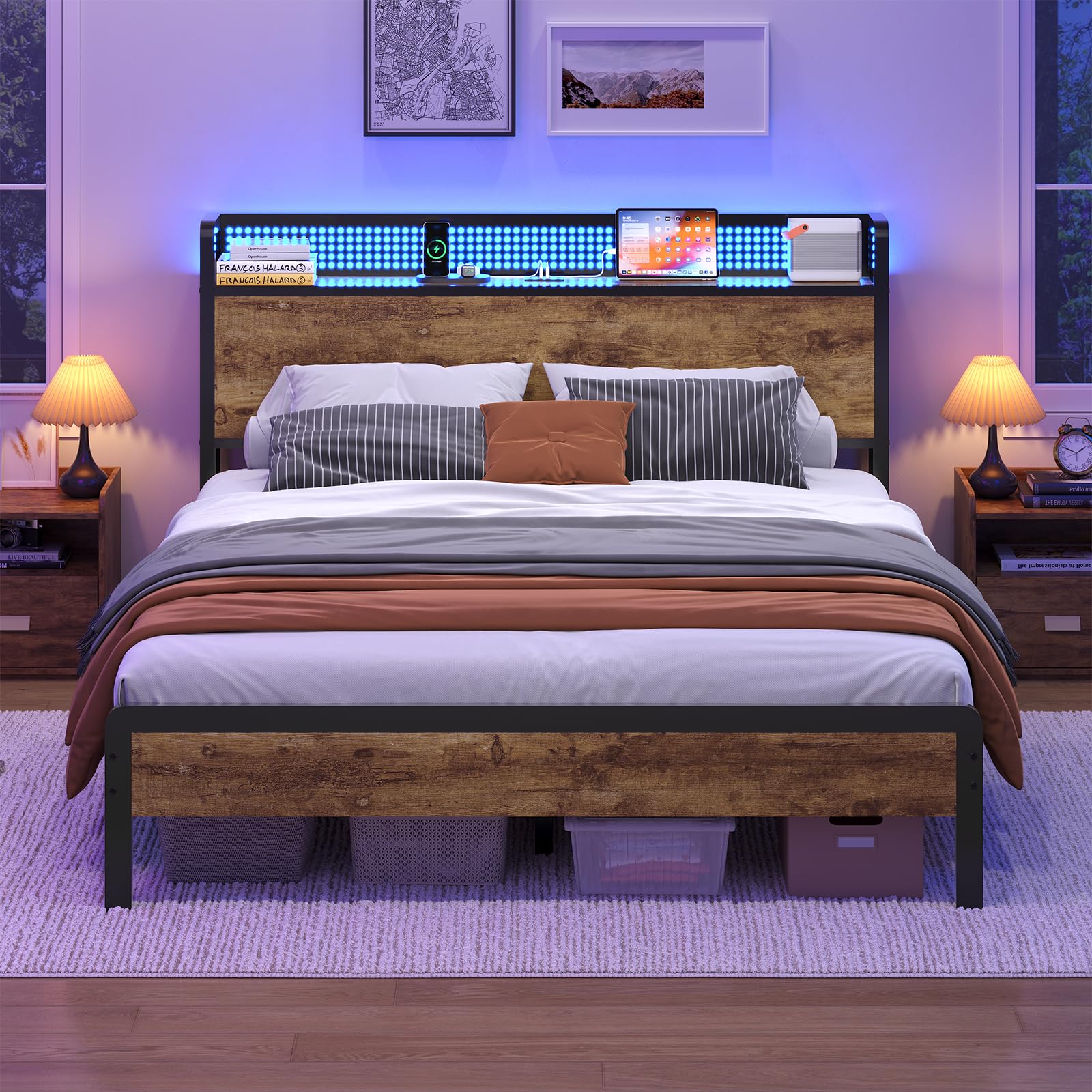 Lit 140x200 avec Sommier et Rangement, Cadre de Lit 140x200 en Métal avec Éclairage LED Réglable et Multiprise, Tête de Lits avec Panneau Perforé, Lits Double Style Industriel Marron Rustique
