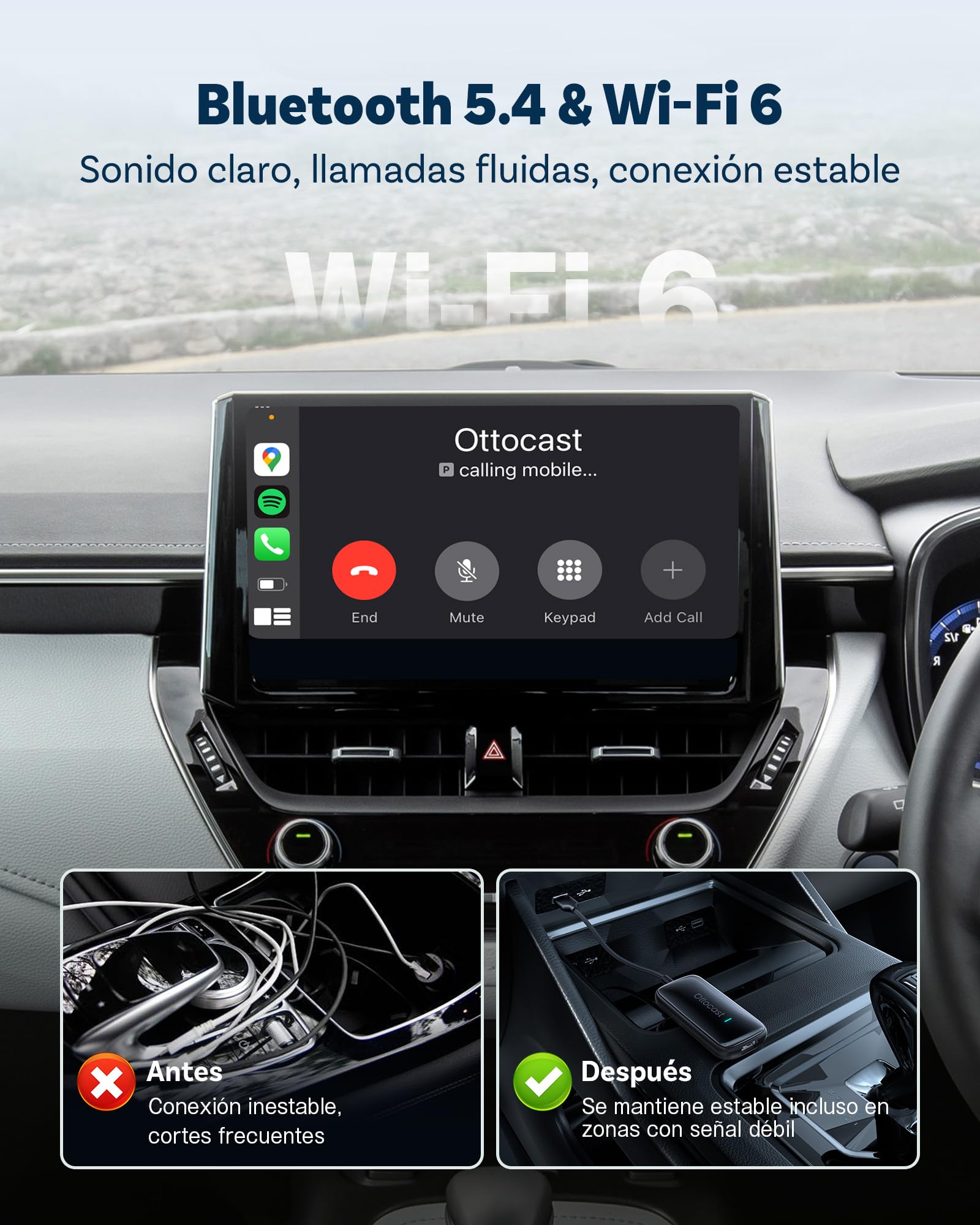 OTTOCAST Play2Video Ultra 2026 Upgrade Adaptador CarPlay Inalámbrico, Android Auto Dongle, Bluetooth 5.4, Soporte Netflix Youtube, USB Y Cable Incluido, Compatible con CarPlay de fábrica