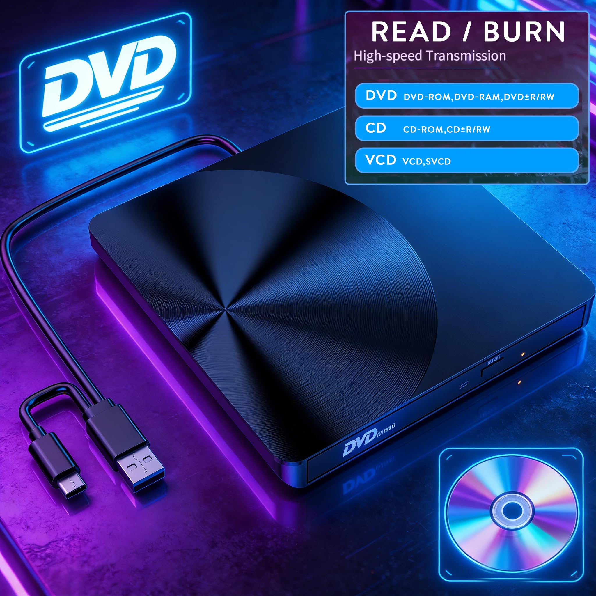 BRIGHTSHOW Unidad Externa portátil de CD/DVD, USB 3.0 y USB C Burner +/-RW Unidad óptica para Laptop, computadora de Escritorio, Windows 11/10/8/7, MacBook Mac Linux
