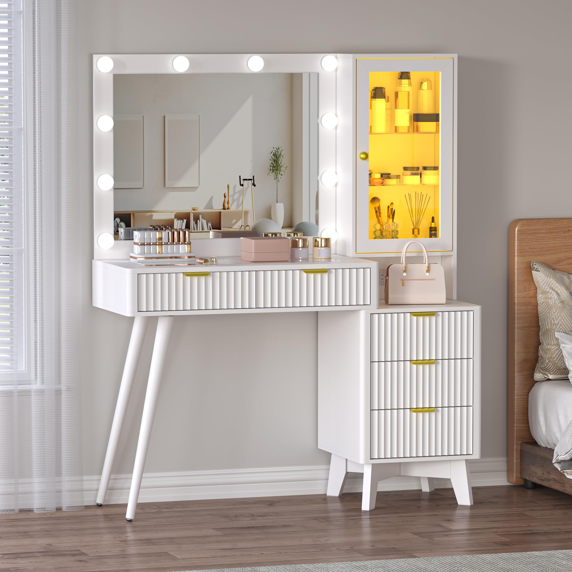 BORNOON 45” Fluted Makeup Vanity Desk with Mirror and Lights, Glass Top Dressing Table with 5 Drawers, LED Lighted Adjustable Cabinet, Trays & Charging Station for Bedroom Dressing Room