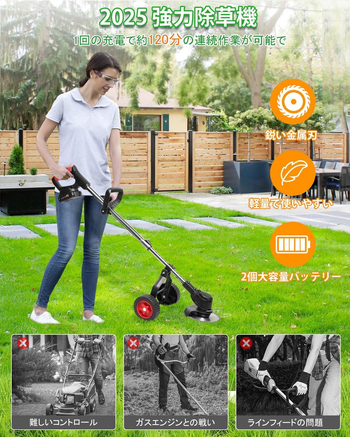 Amazon.co.jp: 芝刈り機【2025最新型】芝刈り機 充電式 1880W