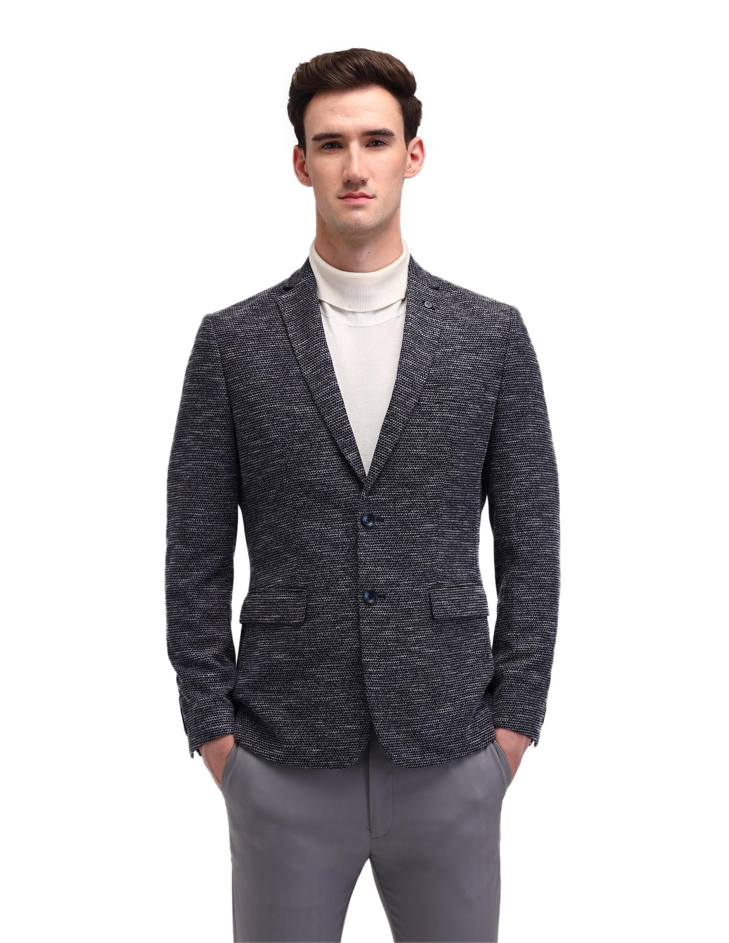 Mens Blue Self-Design Notch Collar Long Sleeve Formal Polyester Slim Fit Blazer