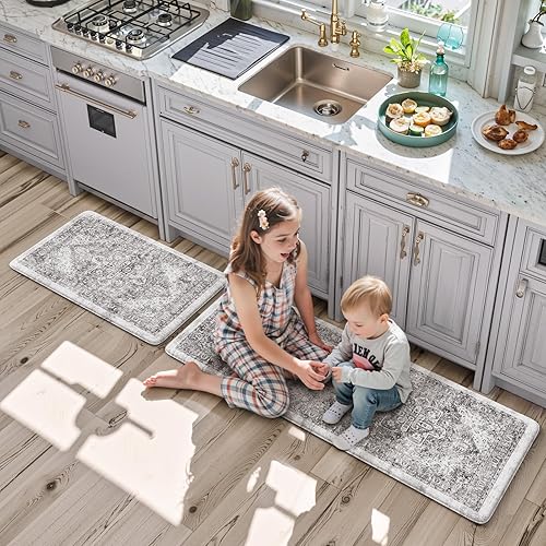 Vista 297 de KIMODE - Juego de 2 tapetes de cocina antifatiga, estilo vintage, antideslizantes, impermeables, ergonómicos, acolchados, cómodos para lavandería