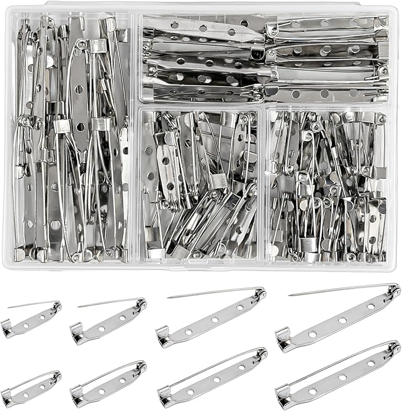 100 Pcs Brooch Pin Backs, Silver Bar Pins with Locking Safety Clasp, 4 Size (20/25/38/45mm), Safety Pin with Plastic Box for Jewelry Making Name Tags Badges DIY Crafts