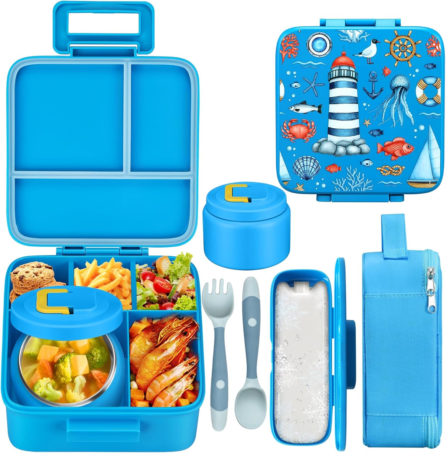 MAISON HUIS Kids Bento Lunch Box Set With 8oz Soup Thermo, Leakproof Lunch Containers with 5 Compartment, Thermo Hot Food Jar and Insulated Lunch Bag, BPA Free,Travel, School -Blue (Ocean) Blue-Ocean