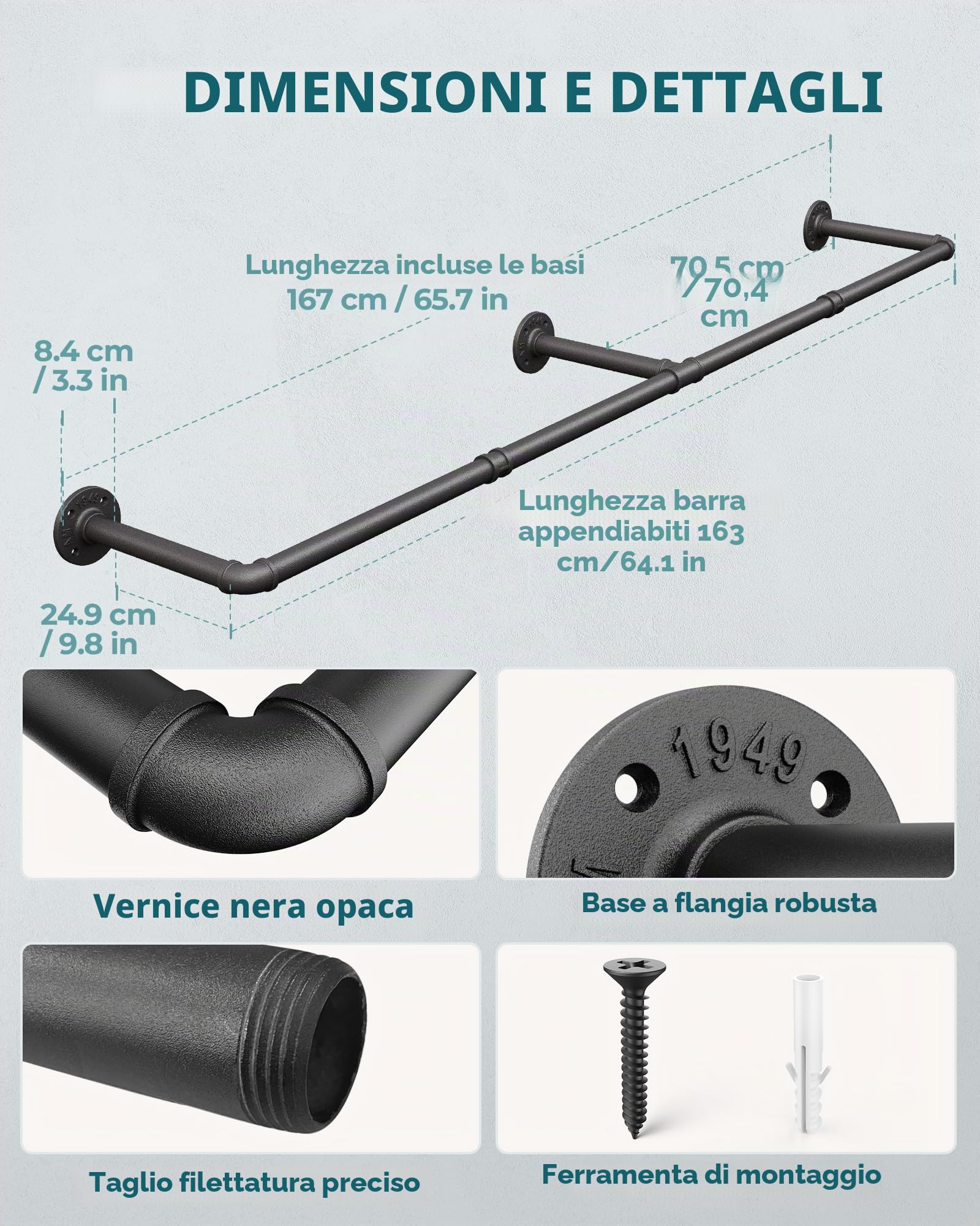 OROPY Set di 2 Penderia per Abiti Industriale, Barra di Metallo Retrò Rimovibile da 167 cm a Parete per Appendere i Vestiti, Penderia Robusta per lo Stoccaggio in Camera da Letto, Nero (3 Basi)