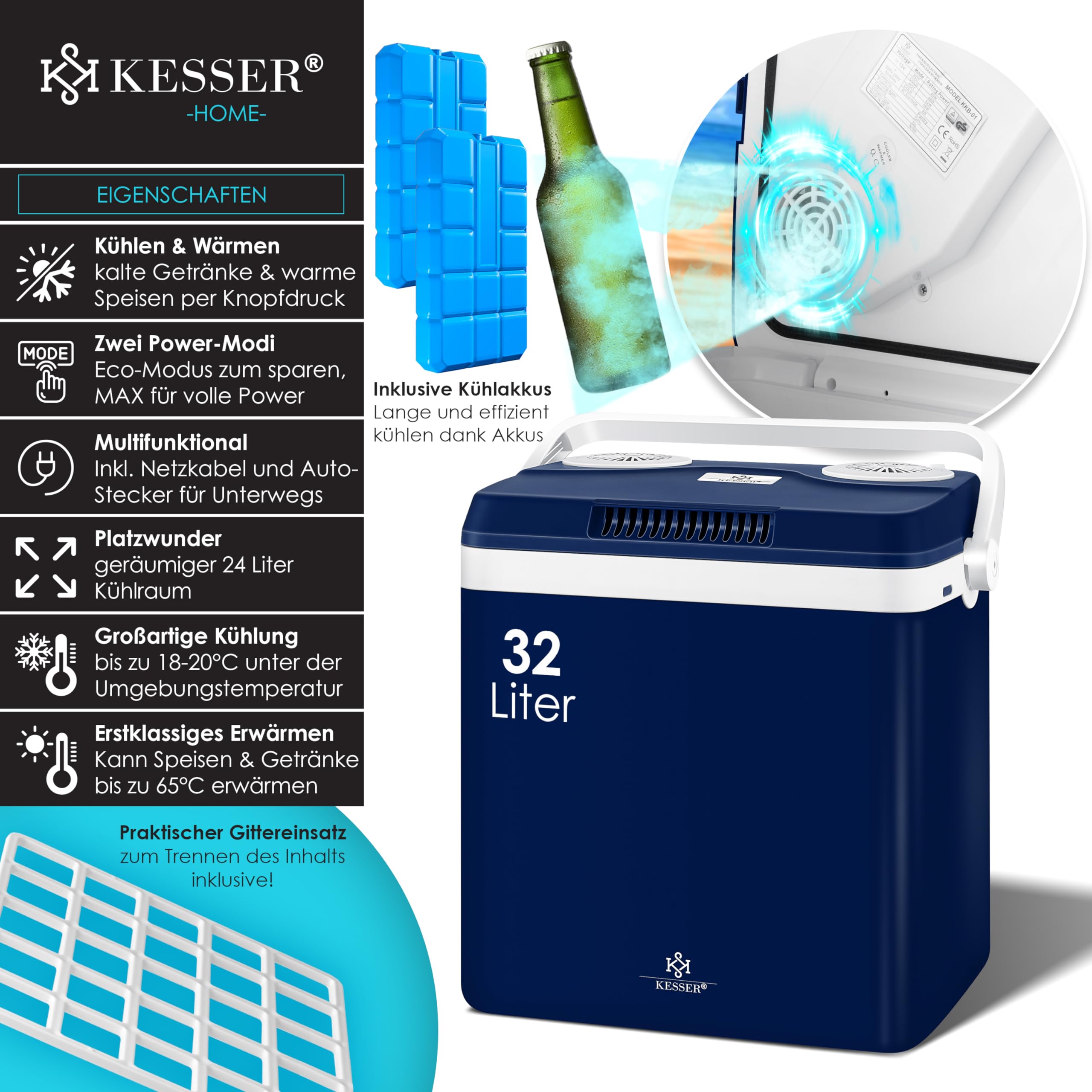 KESSER® Nevera eléctrica portátil de 32 L 12 V, Enchufe de 230 V | ENFRÍA y CALIENTA | Refrigerador Termoeléctrica | con 2X acumulador de frío