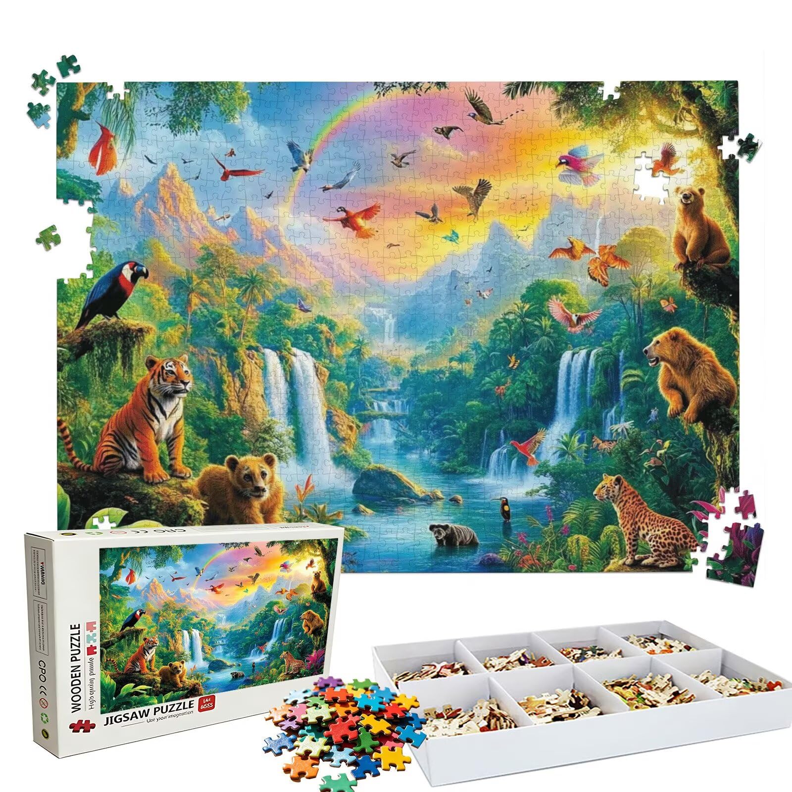 Puzzle 1000 elementów, puzzle 1000 elementów dla dorosłych, trudne puzzle, druk w wysokiej rozdzielczości i jasne kolory, drewniane puzzle w kolorze zwierząt (2) z wykwintnym pudełkiem do pakowania