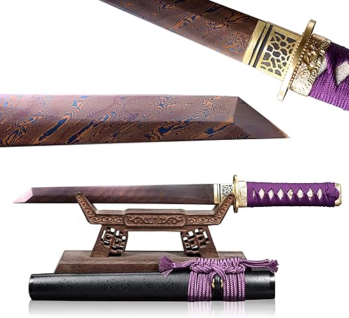 Espada samurái de acero al carbono, espada pequeña japonesa Tanto espada pequeña Katana de espiga completa (morado)