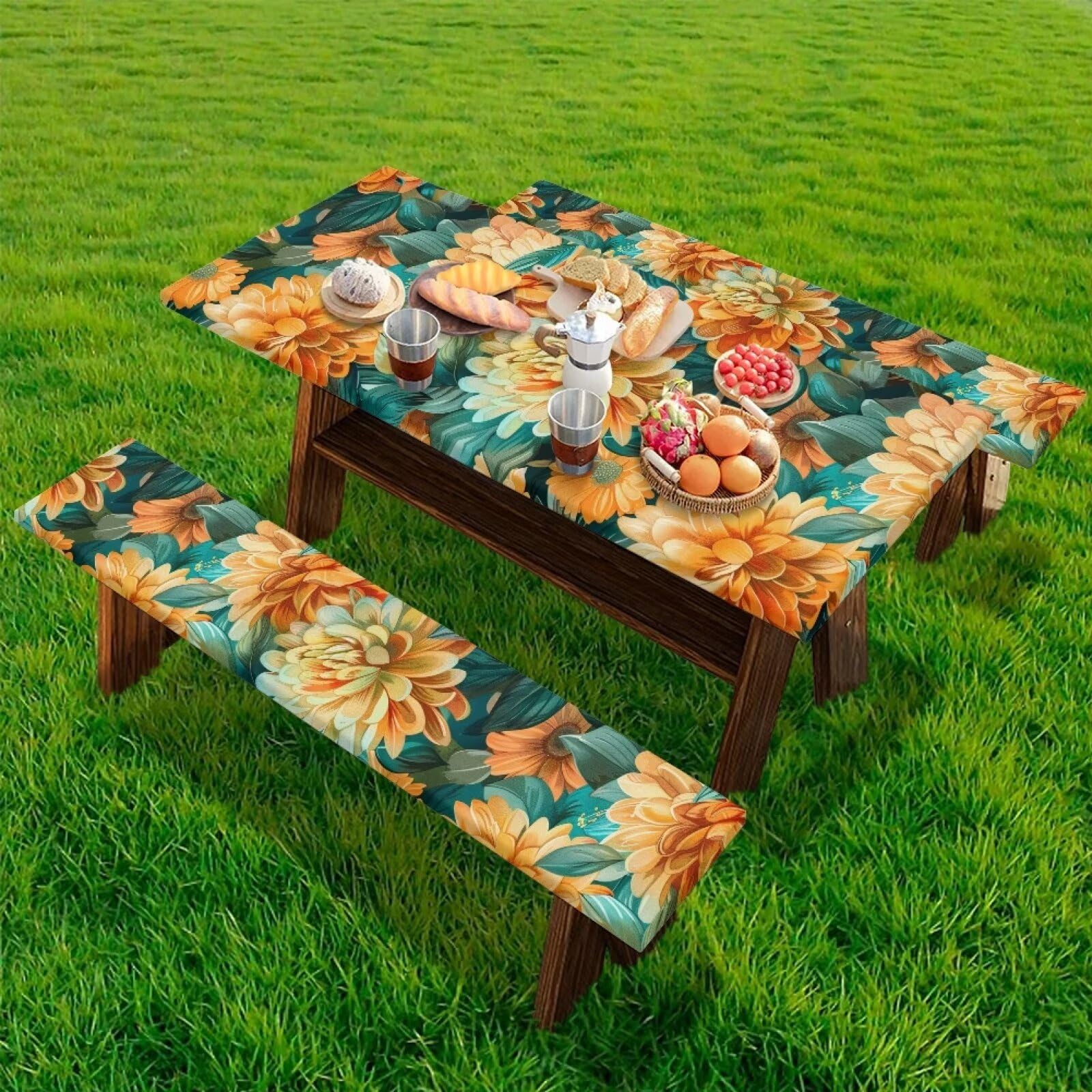 Flashideas Floral Picnic Table Cover with Bench Covers Camping Essentials with Elastic Rectangle Tablecloths Fitted Tablecloth for Tables Fitted Rectangle Tables and Seats