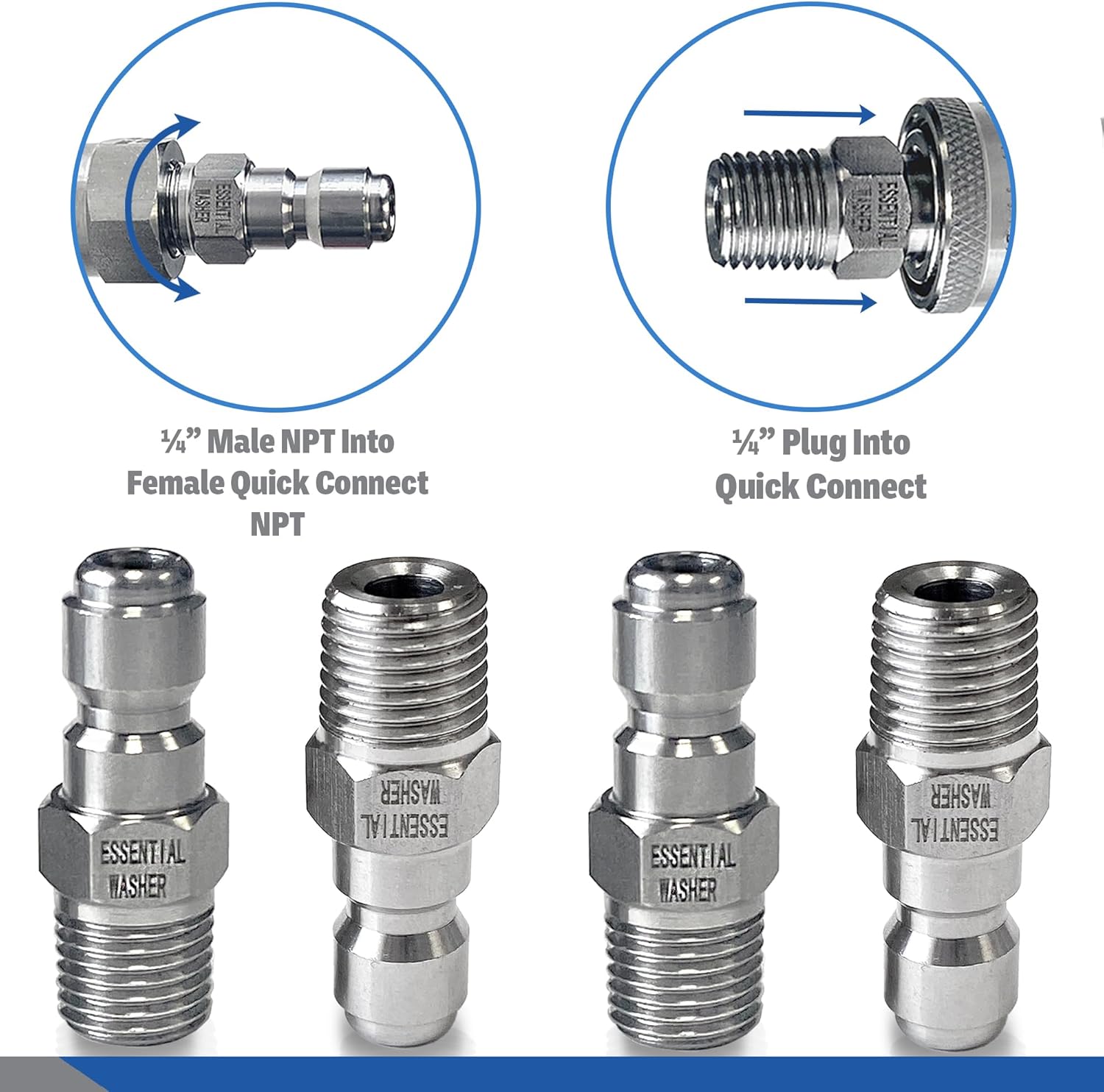 Essential Washer Stainless Steel ¼” Plug Male NPT | Pressure Washer Quick Connect Fittings | 5000 PSI | Set Of 4