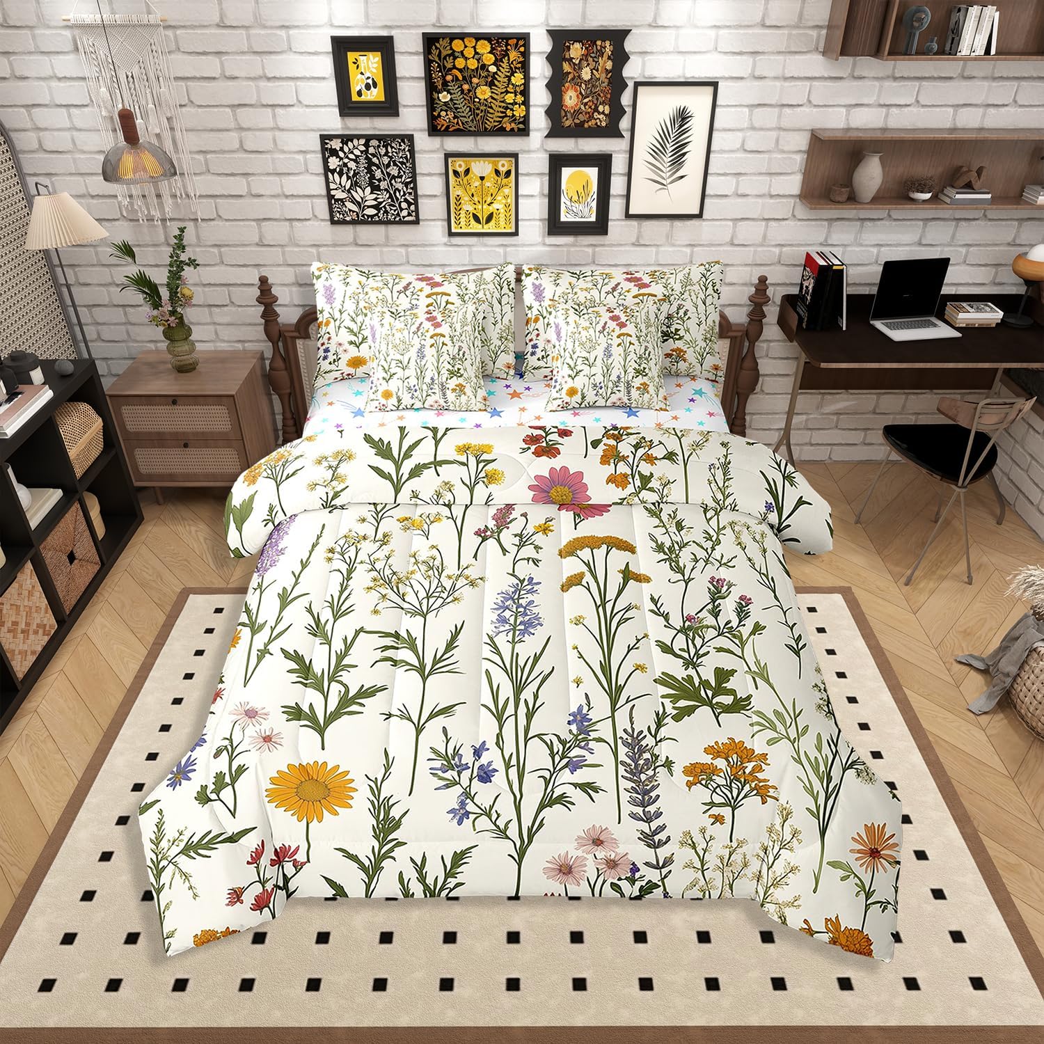 Erosebridal Wildflower Twin Bedding Set, Botanical Floral Bed in A Bag,Watercolor Flower Leaves Comforter Sets with Sheets, Sage Green Leaves Decorative 7 Pieces Bed Set Bedroom Decor