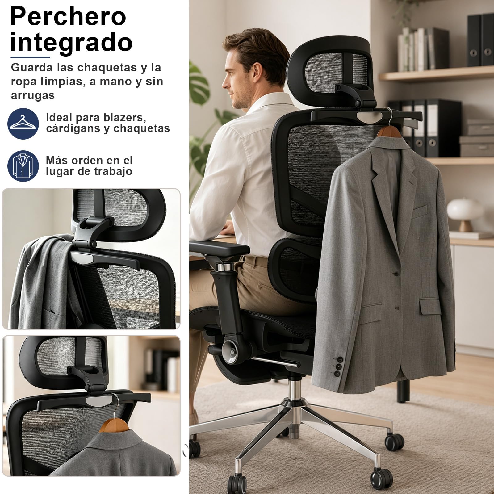 naspaluro Silla de Oficina ergonómica cómoda Silla de Escritorio y reposabrazos 6D Ajustables, Silla de computadora con reposacabezas, reposabrazos abatibles (Negro)