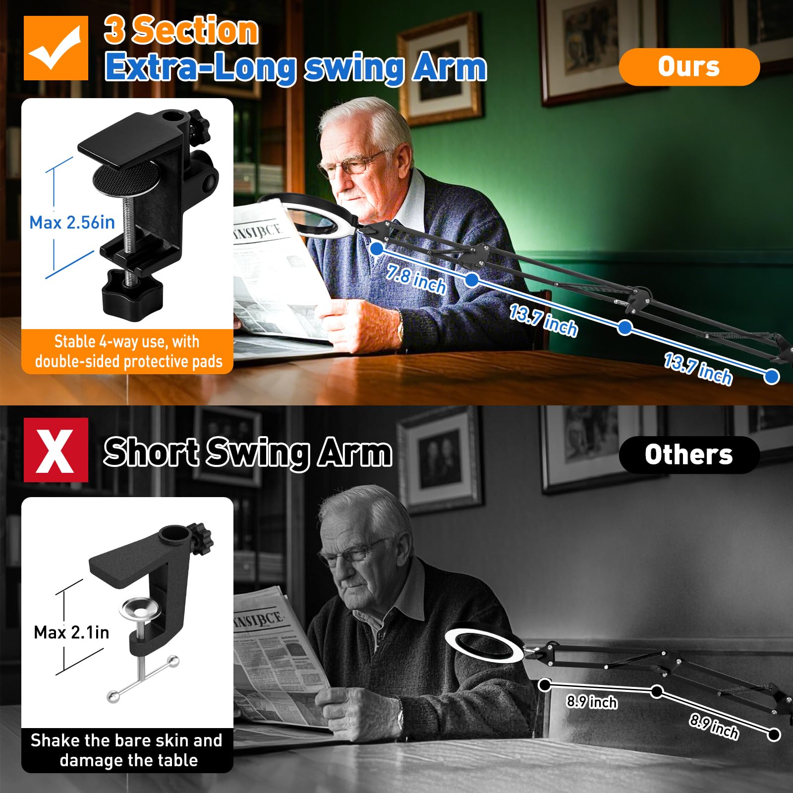Lámpara de Escritorio de Lupa con Brazo oscilante de 3 Secciones y Abrazadera Grande, Lupa con luz y Soporte para Leer, Manualidades, Trabajo Cerrado, Color Negro