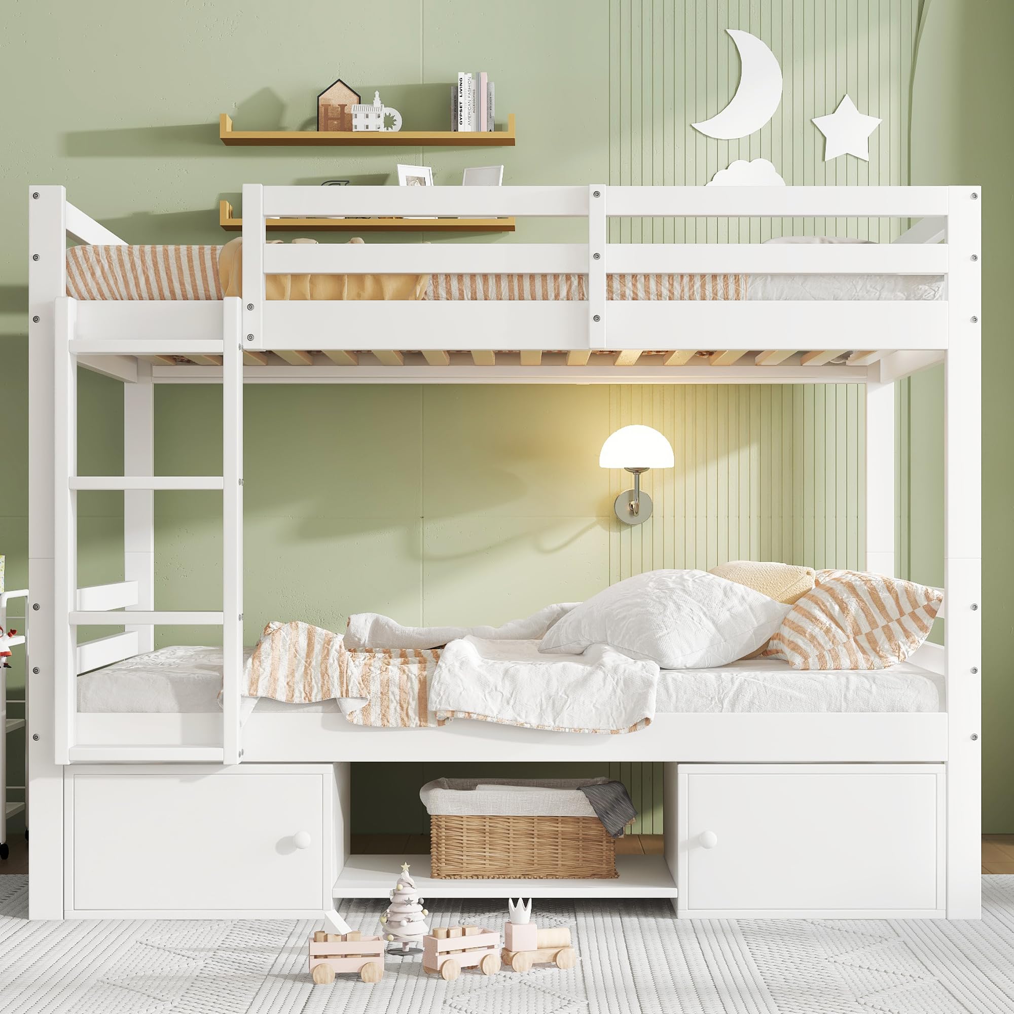 Idemon Letto a castello per bambini, lettino con scarpiera e armadietti, letto suddiviso in 2 letti singoli, letto singolo, bianco, 90 x 200 cm.