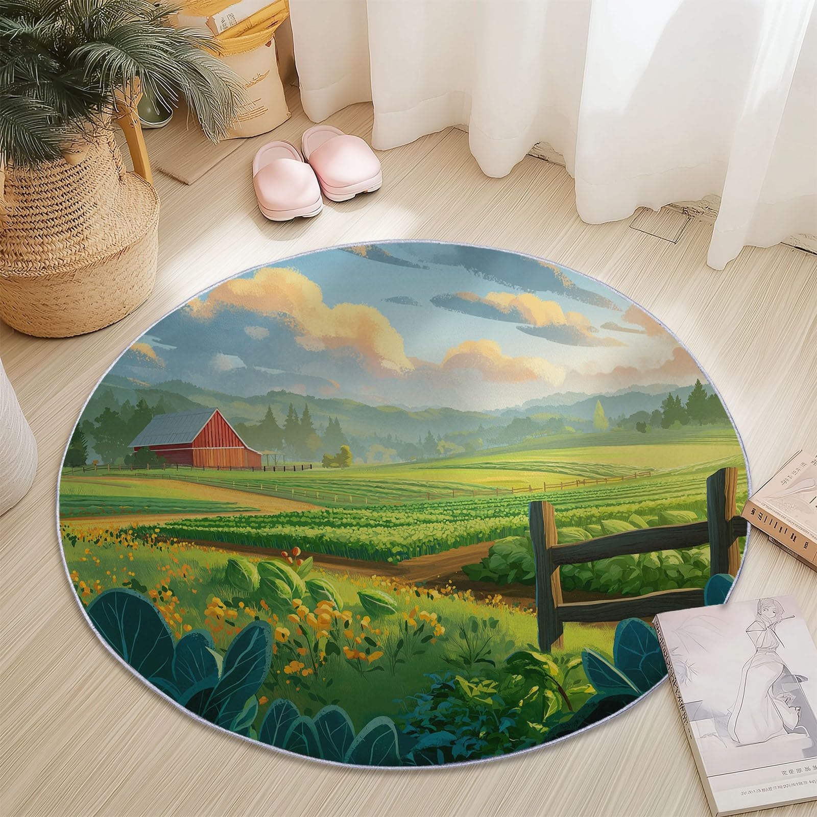 Generisch Cartoon Bauer Bauernhof Runder Teppich Wohnzimmer, Grün Style Schlafzimmer Dekoration Teppich Teenager Männer Gaming Zone Rugs Mat rutschfest Washable, 160 cm