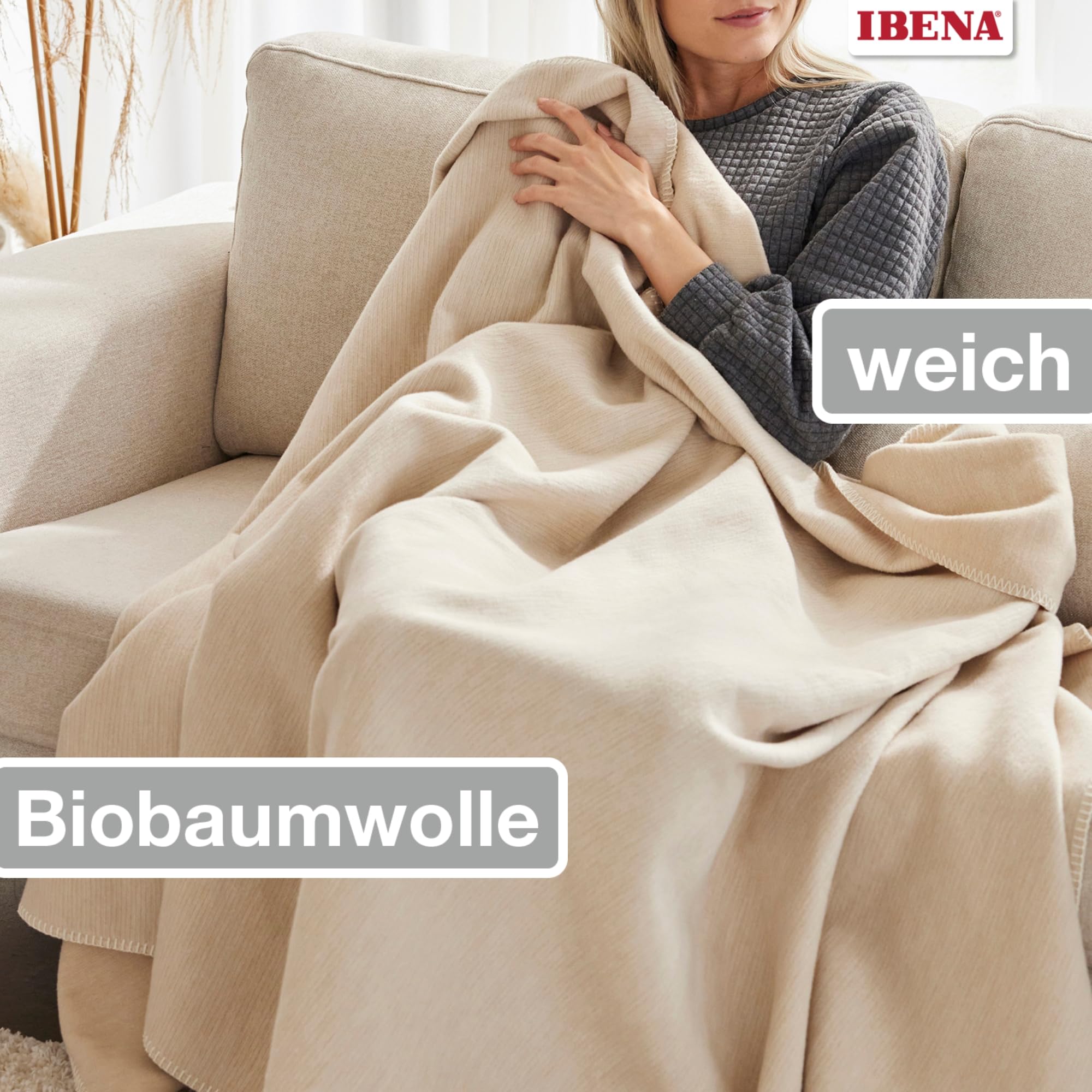 Ibena Wolldecke Lausanne, Baumwolldecke Natur, Kuscheldecke 140x200cm, kuschelig warm und angenehm leicht, Tagesdecke 100% Baumwolle, hochwertige Qualität aus kontrolliert biologischen Anbau