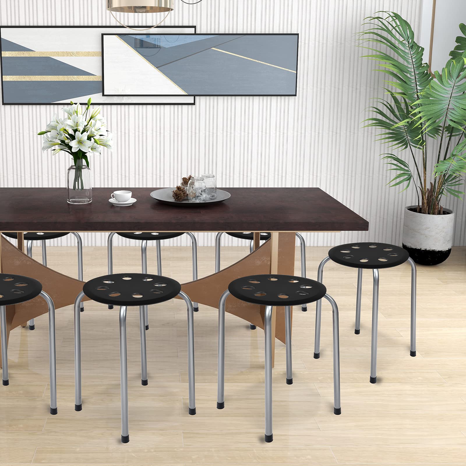 COSTWAY 6-Pack Plastic Stack Stools, 17.5-Inch Portable Stackable Stools with Metal Frame, Backless School Classroom Decoration Stools with Round Top Ideal for Kids Children Students, Black+Grey