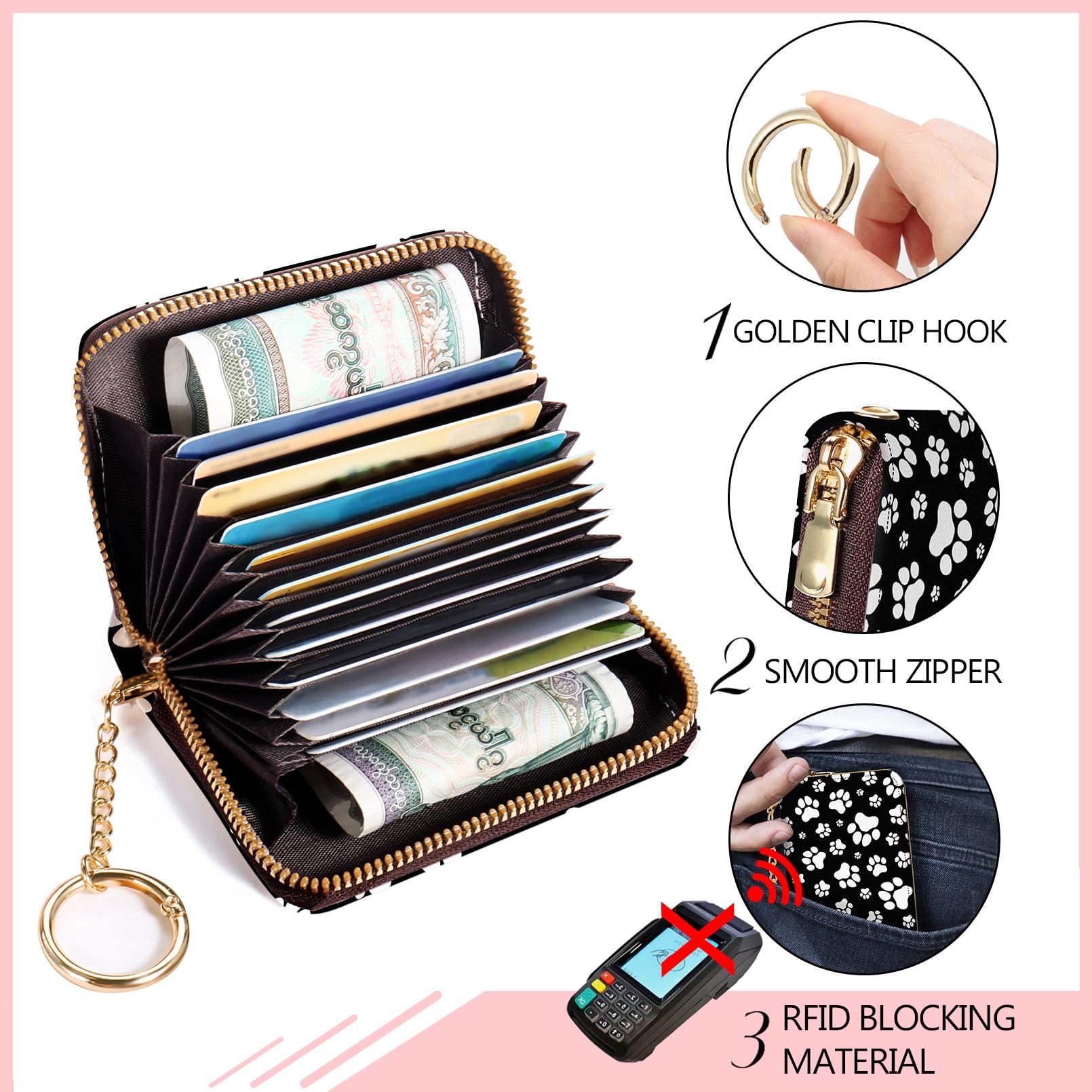 Blusabaca  Credit Card Holder for Women, Gothic Floral Small RFID Wallet with Zipper, Card Keychain Wallet, Leather Wallet Card Case, Business Accordion Wallet Gift: Dog paw