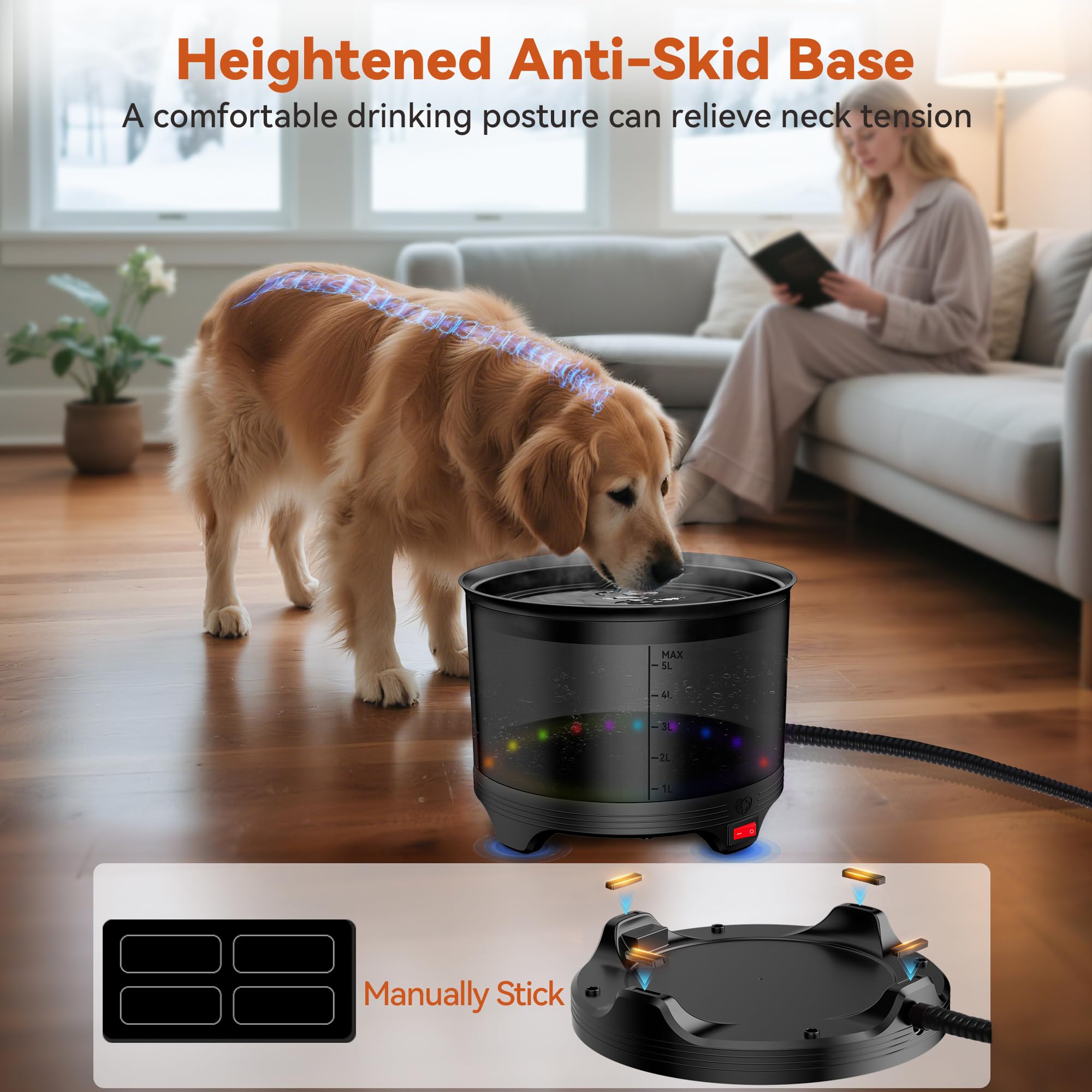 Cuenco de agua caliente de 5.5 L, cuencos grandes de invierno de 1.45 galones para perros para exteriores, cuenco de agua impermeable para mascotas con cable de alimentación resistente a las