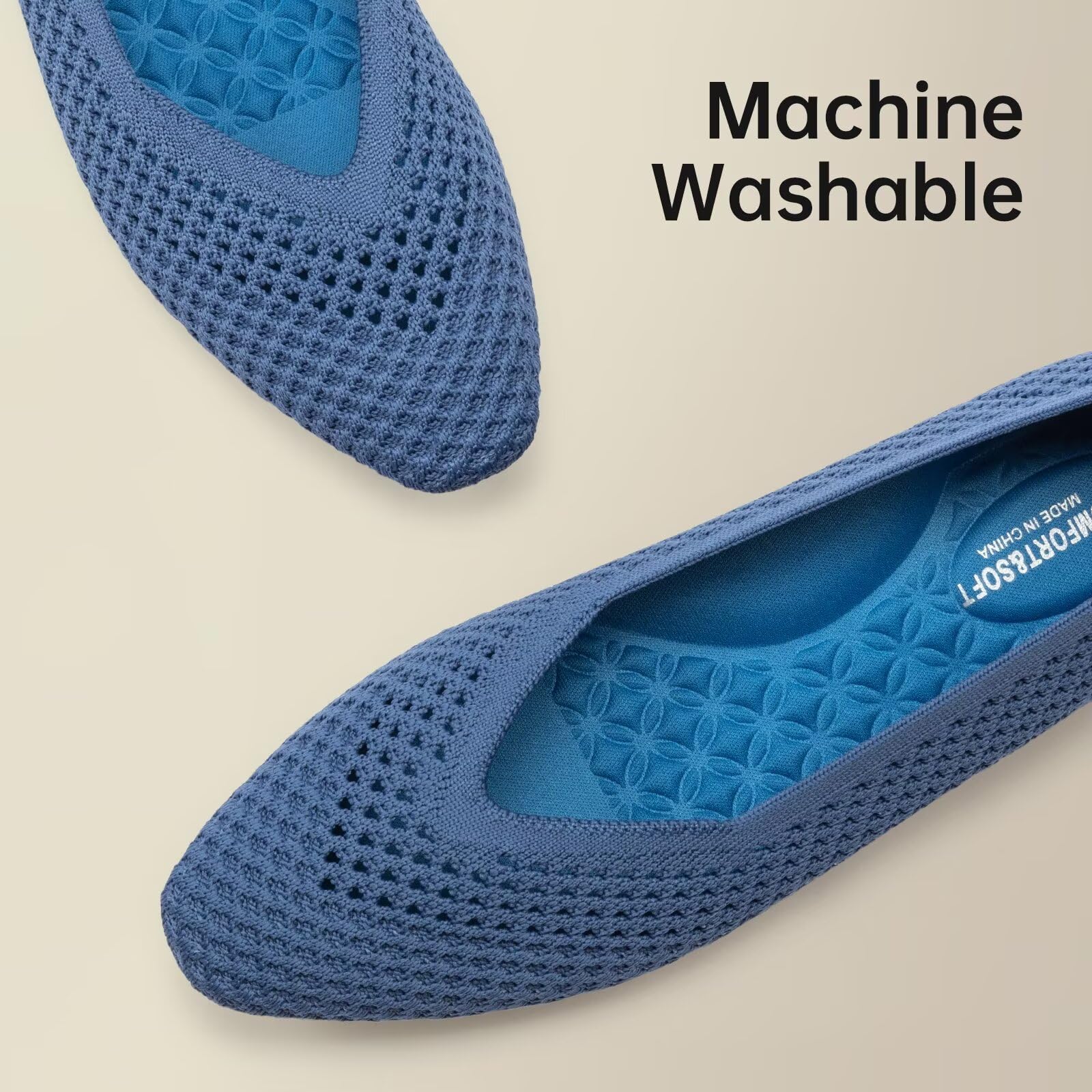 Frank Mully Flache Damen-Schuhe, quadratischer Zehenbereich, gestrickt, Netzstoff, mit Fußgewölbeunterstützung, waschbar, Ballettschuhe für die Arbeit