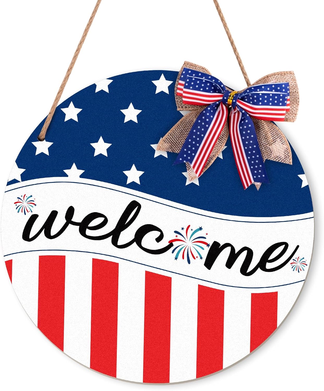 4th/Fourth of July Decorations Welcome Wreath - Red White and Blue Sign with Bow, Patriotic Memorial Day Decor for Front Door/Porch/Home/Wall/Outside(No Pre-tied bow)