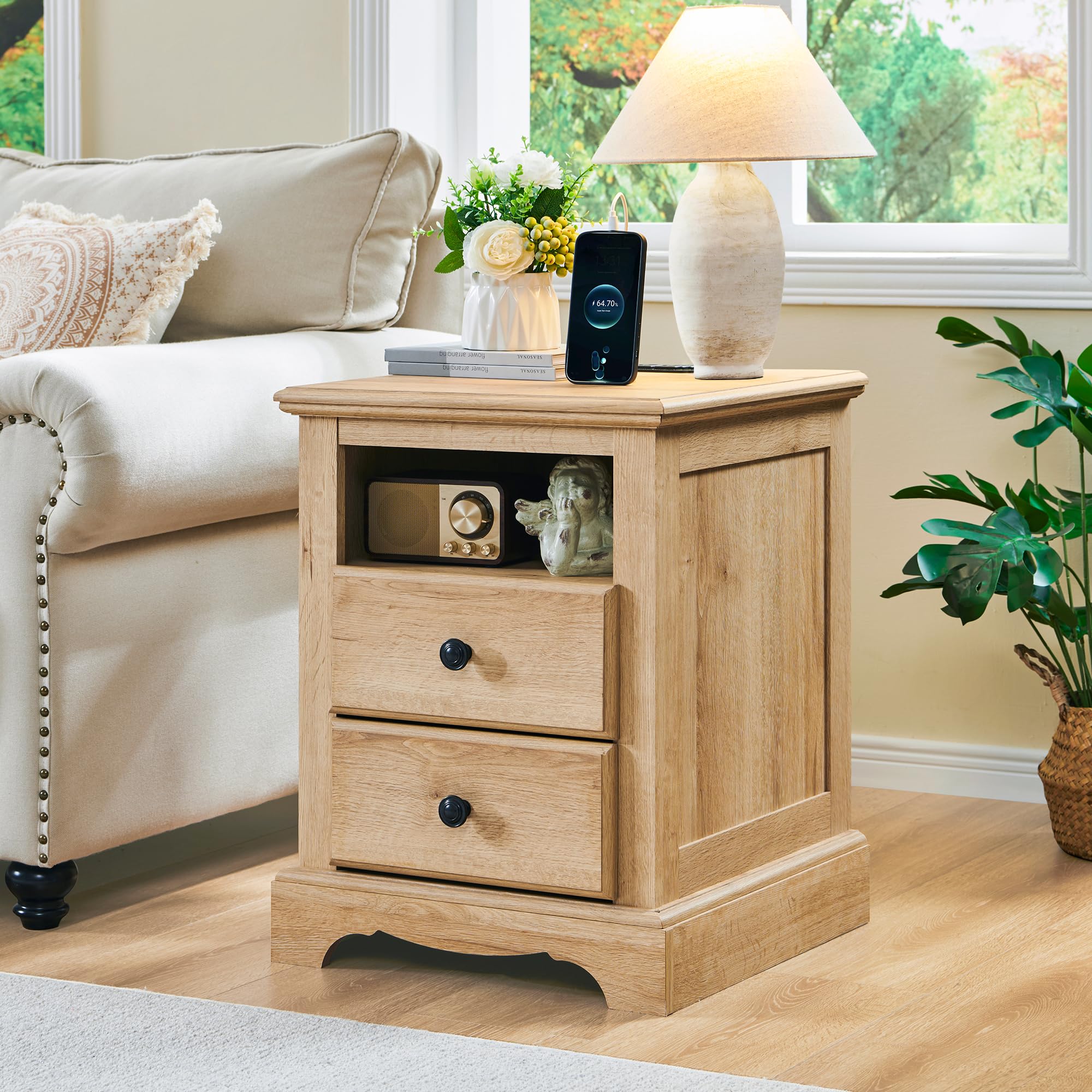 RedLemon 18 Inch Nightstand with Charging Station, Wood End Table with 2 Drawers for Living Room, Vinatge Sofa Side Table with Open Storage Shelf for