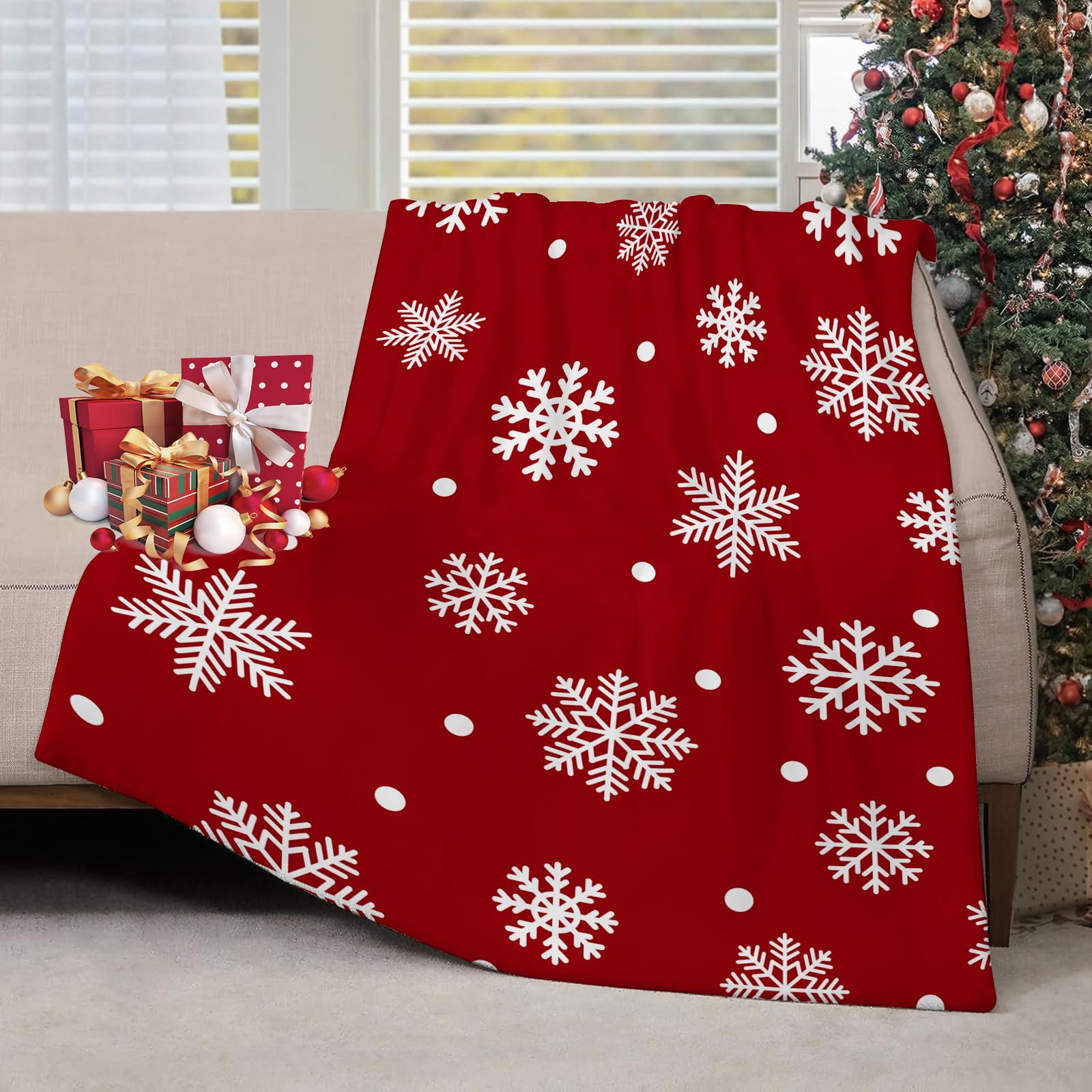 GOOESINGChristmas Throw Blanket Christmas Red White Snowflake Fuzzy Flannel Holiday Blanket for Living Room Bedroom Couch Sofa Bed Home Decor 40x50 Inch