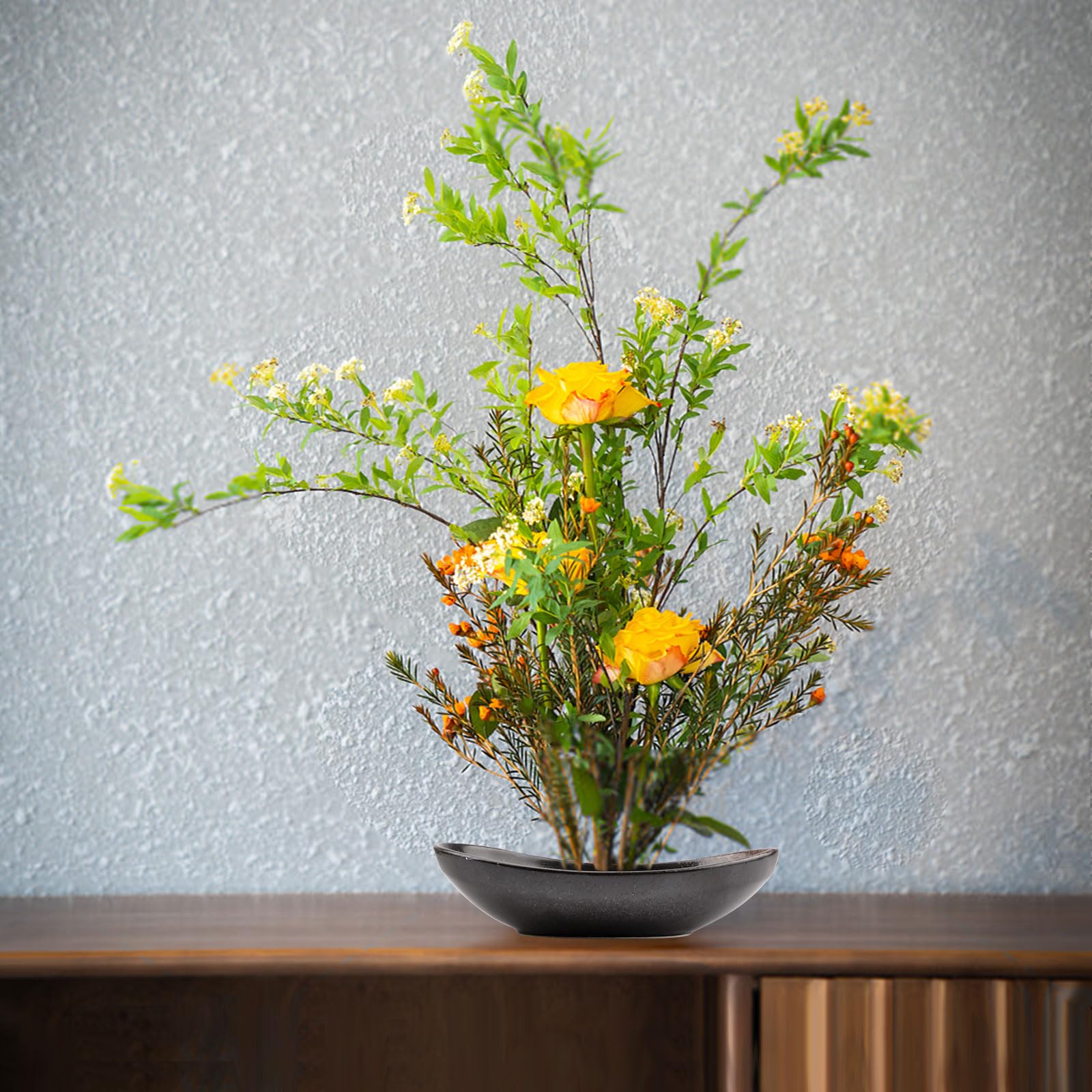 WANDIC Ikebana Schale Japanisch Blumenschale in Barrenform und 5 cm Blumenfrosch für Ikebana, Keramik Blumenvase, Pflanzen-Arrangement, Blumenbehälter, Braun/Schwarz