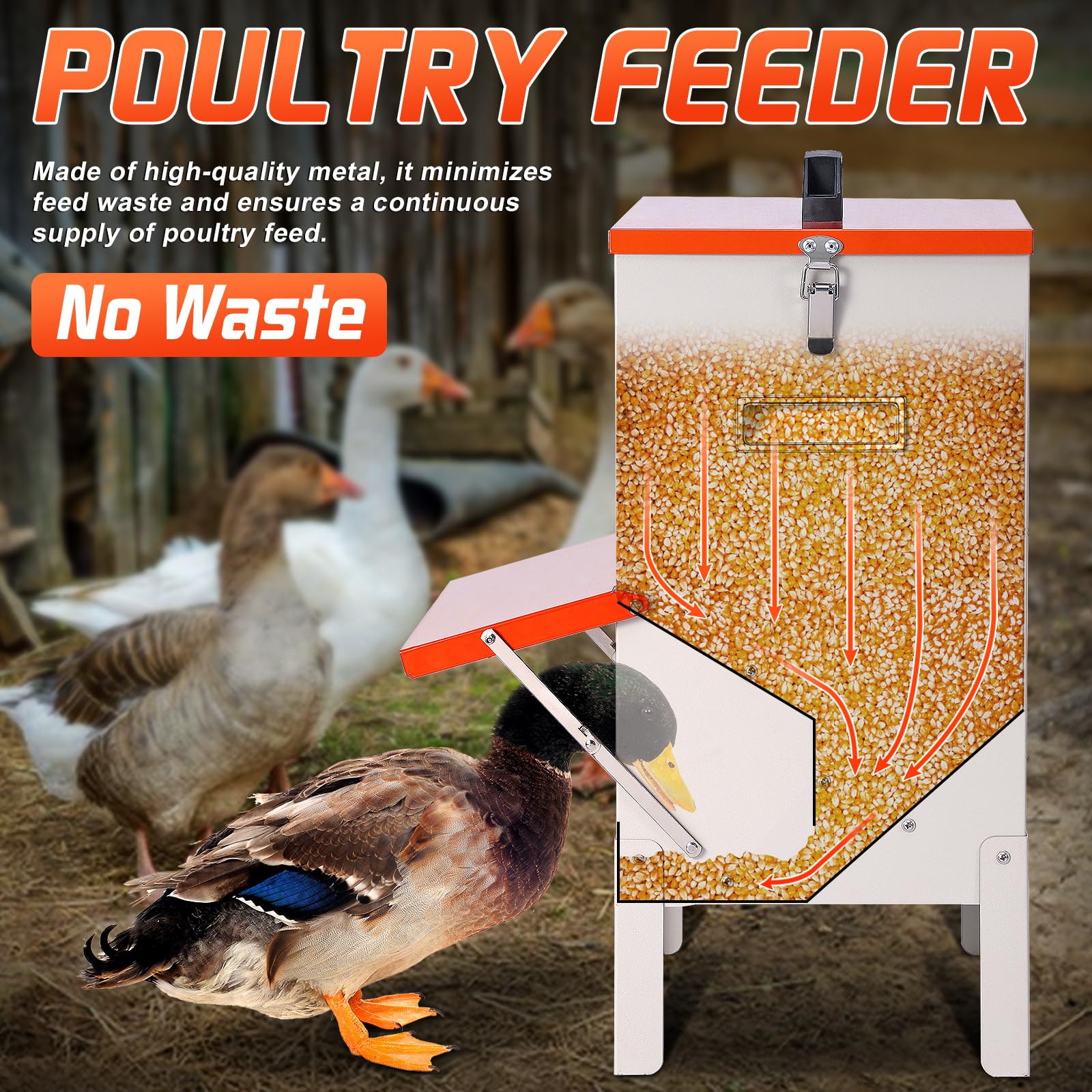Comedero automático de 50 libras para pollos y patos, comedero grande para pollos, patos, gansos, palomas, perros, peces, gatos (naranja)
