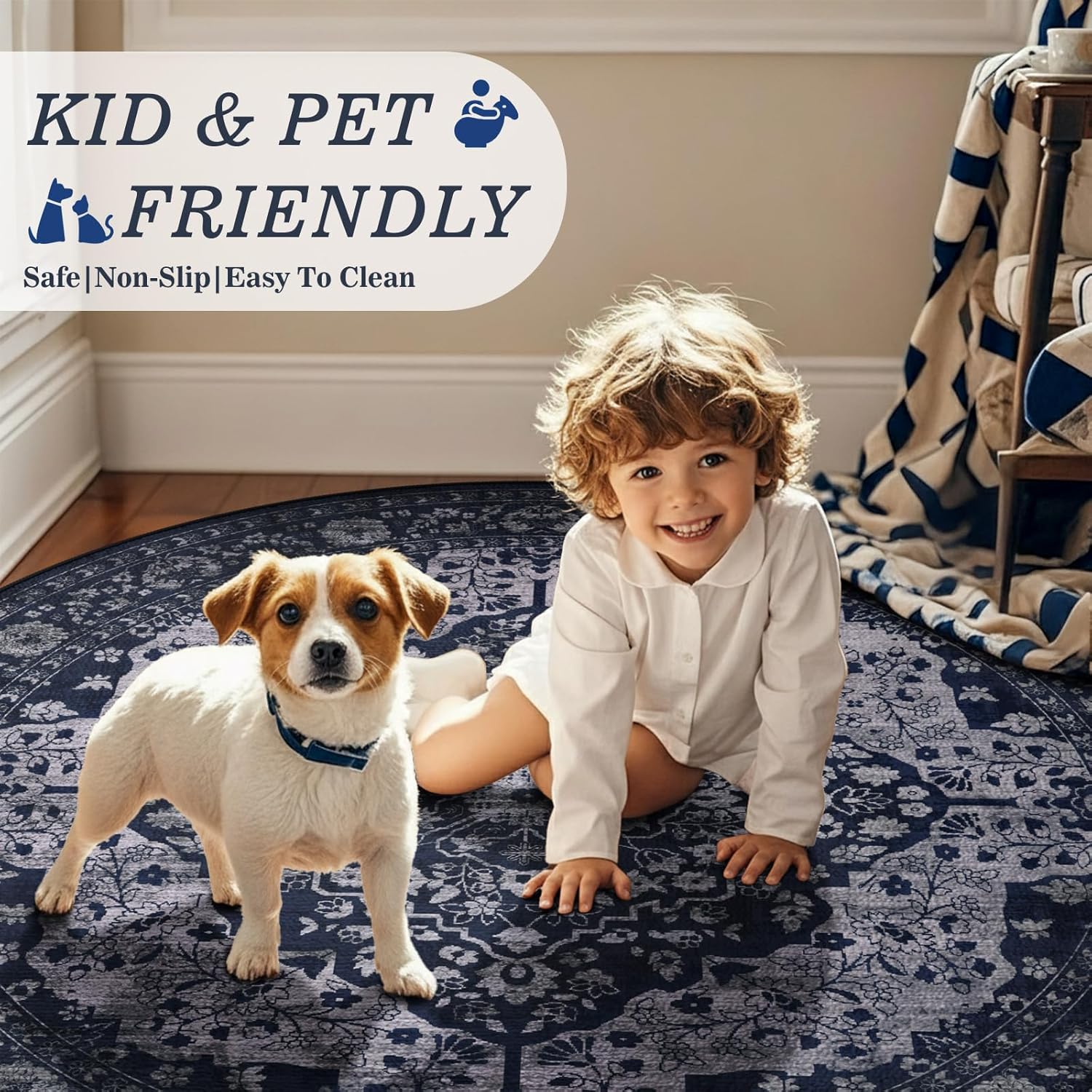 nesrt Boho Vintage Round Rugs 6ft for Living Room, Non-Slip Washable Circle Bedroom Rug, Soft Faux Wool Thin Printed Kids Nursery Floor Carpets for Dining Room Entryway Home Office Decor (Navy Blue)