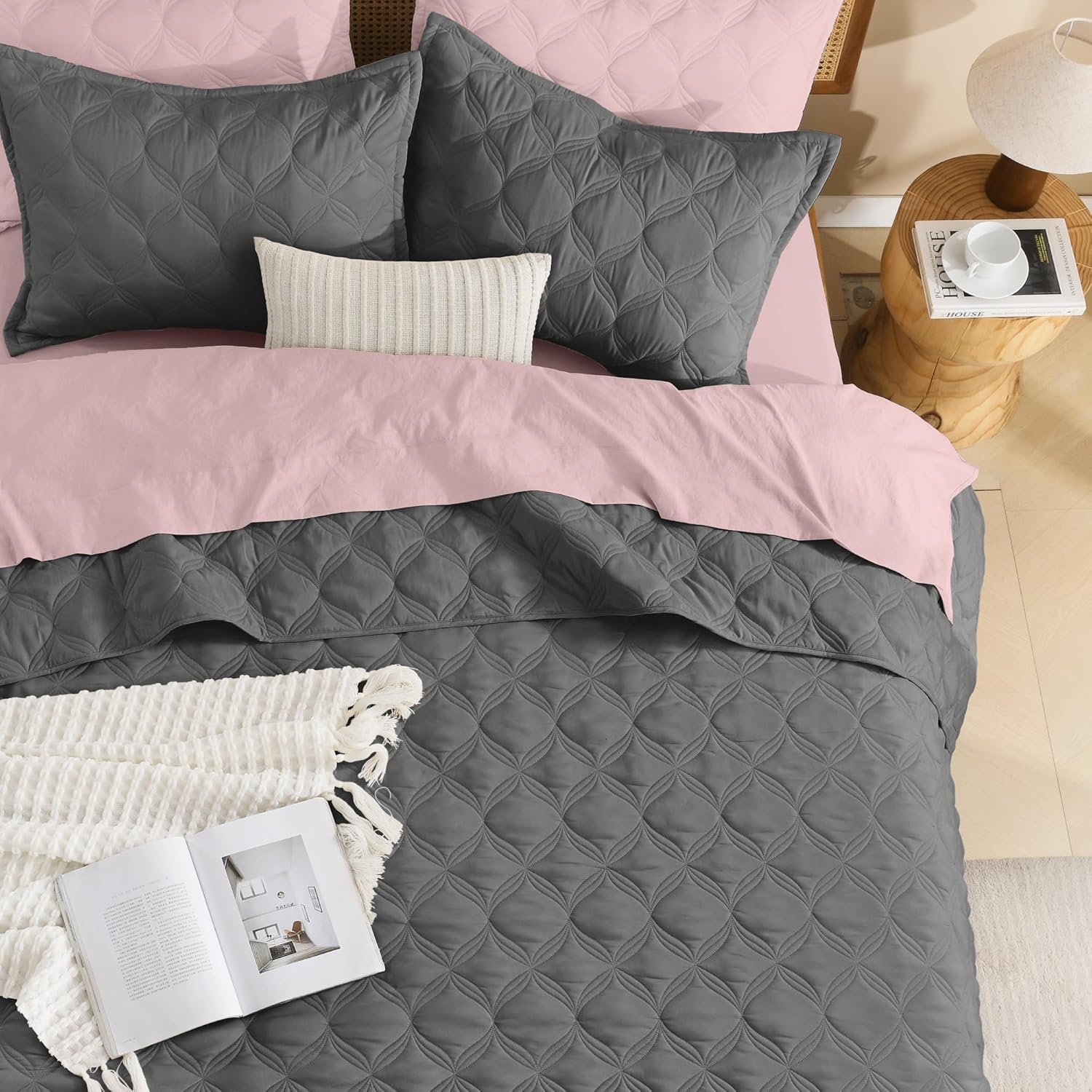 Litanika Oversized King Bedspreads 128x120 Quilt Set - 3 Piece Grey Lightweight Comforter Coverlets Bedding Cover Bed Decor All Season(Super King Plus - 1 Quilt, 2 Pillowcases) - Image 4