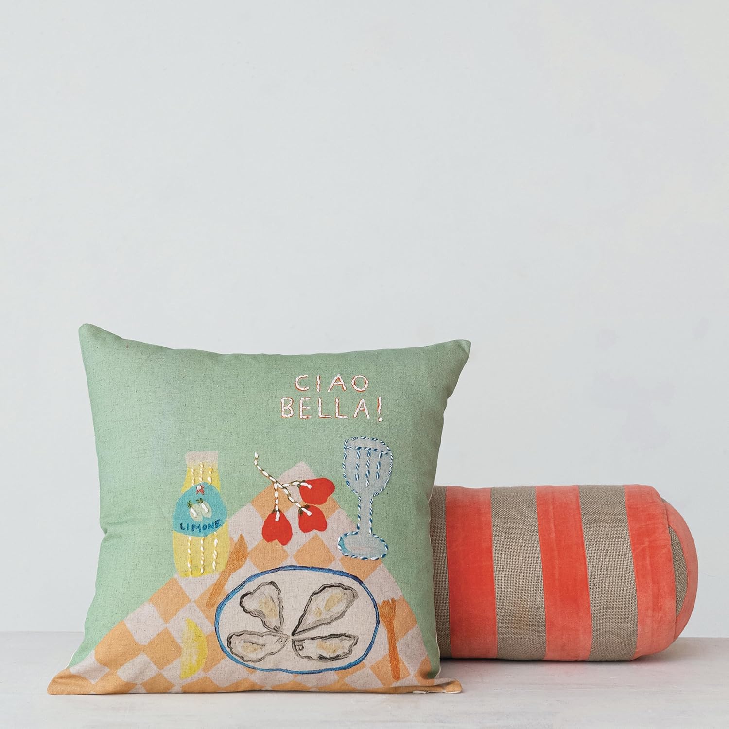 Creative Co-Op Cotton Velvet and Jute Bolster Pillow with Stripes, Pink and Grey