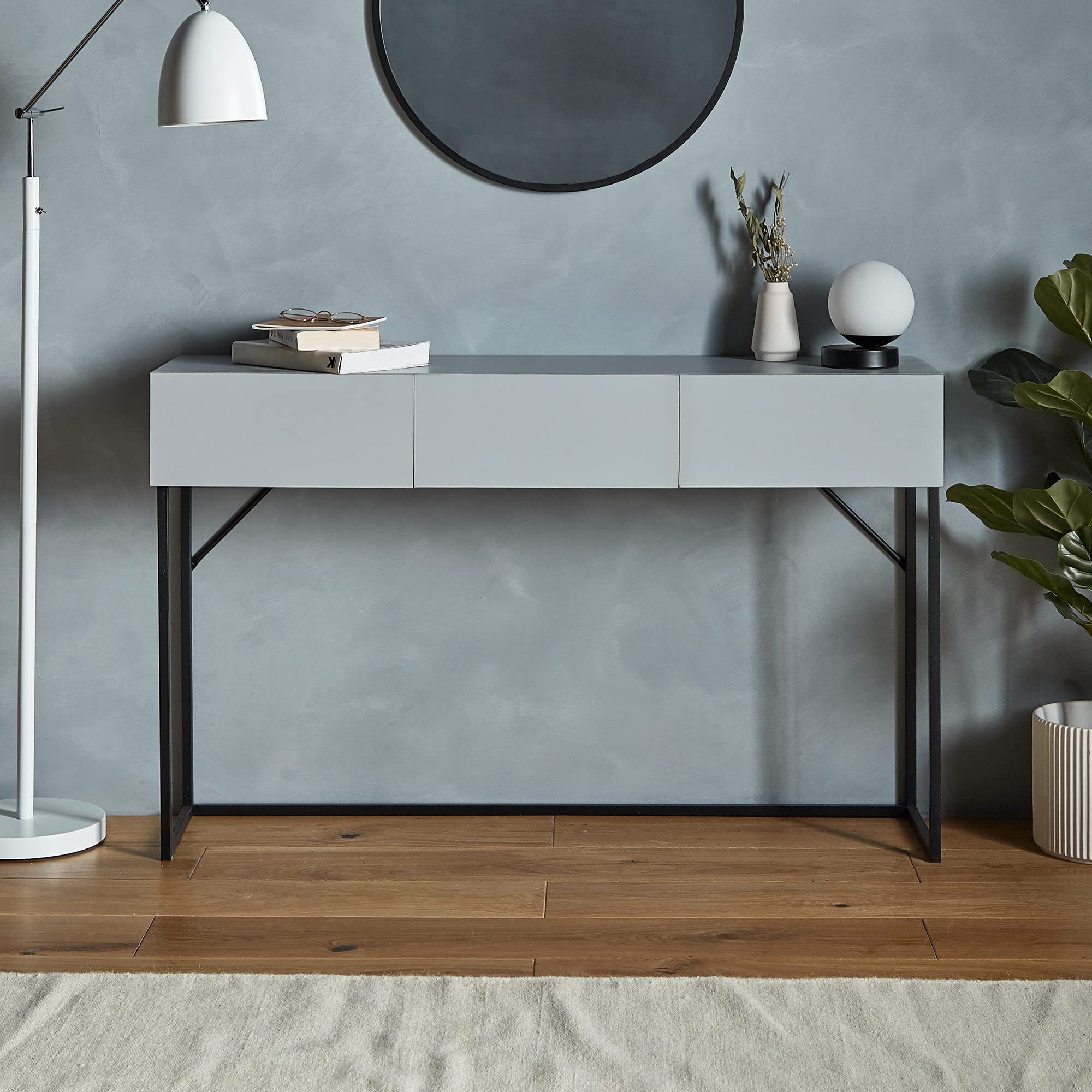 VonHaus Console Table, Grey Wood Veneer Metal Frame Sideboard, 3