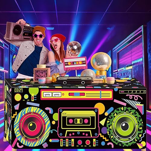 Miniatura 5 de Frienda Mantel temático de 6 pies, 80 y 90, mantel de cumpleaños de los años 80, mantel retro de radio, decoración de fiesta de hip hop, suministros