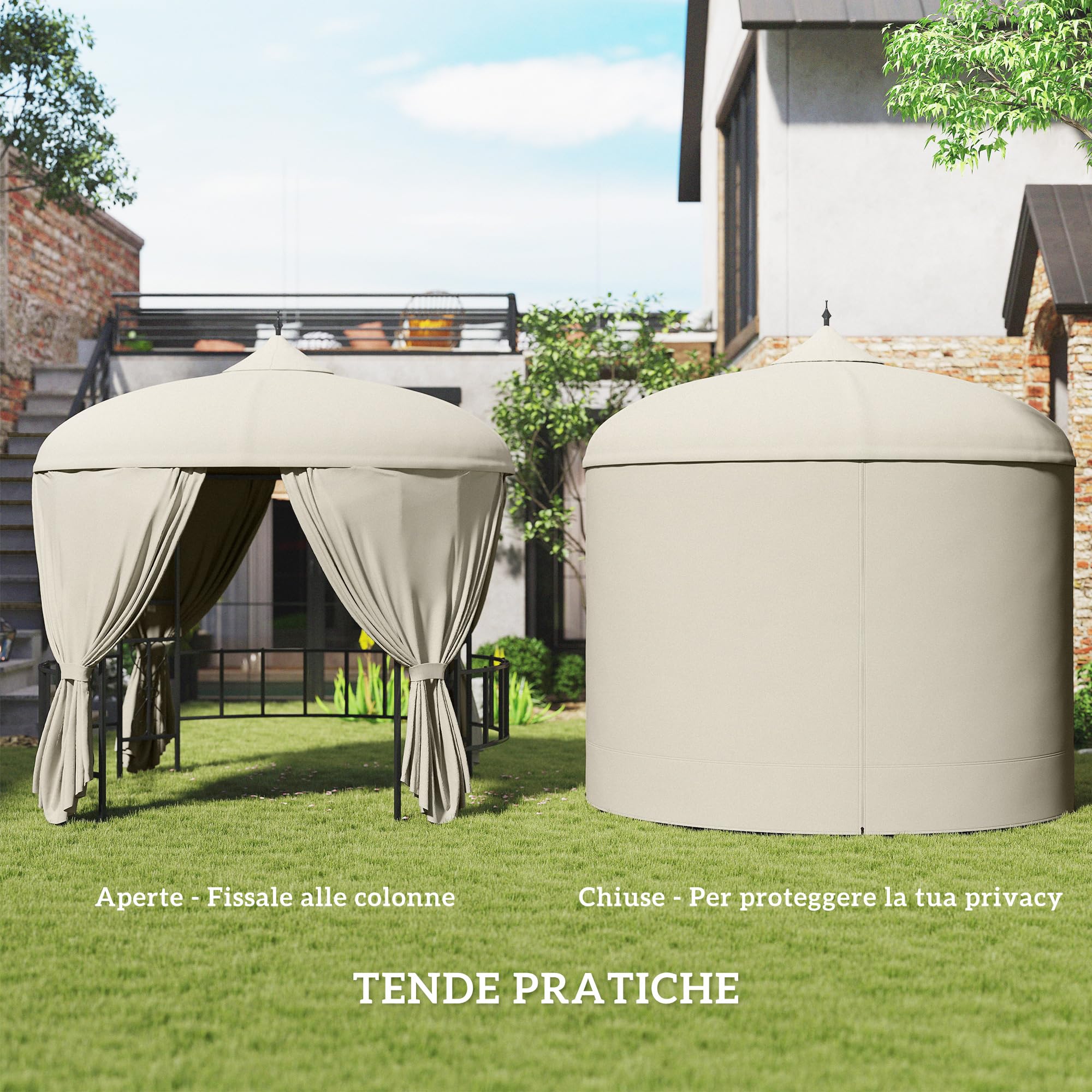 Outsunny Gazebo da Giardino Rotondo Ø3m con Tende e Prese d'Aria Beige | Gazebo da Esterno, in Metallo e Poliestere