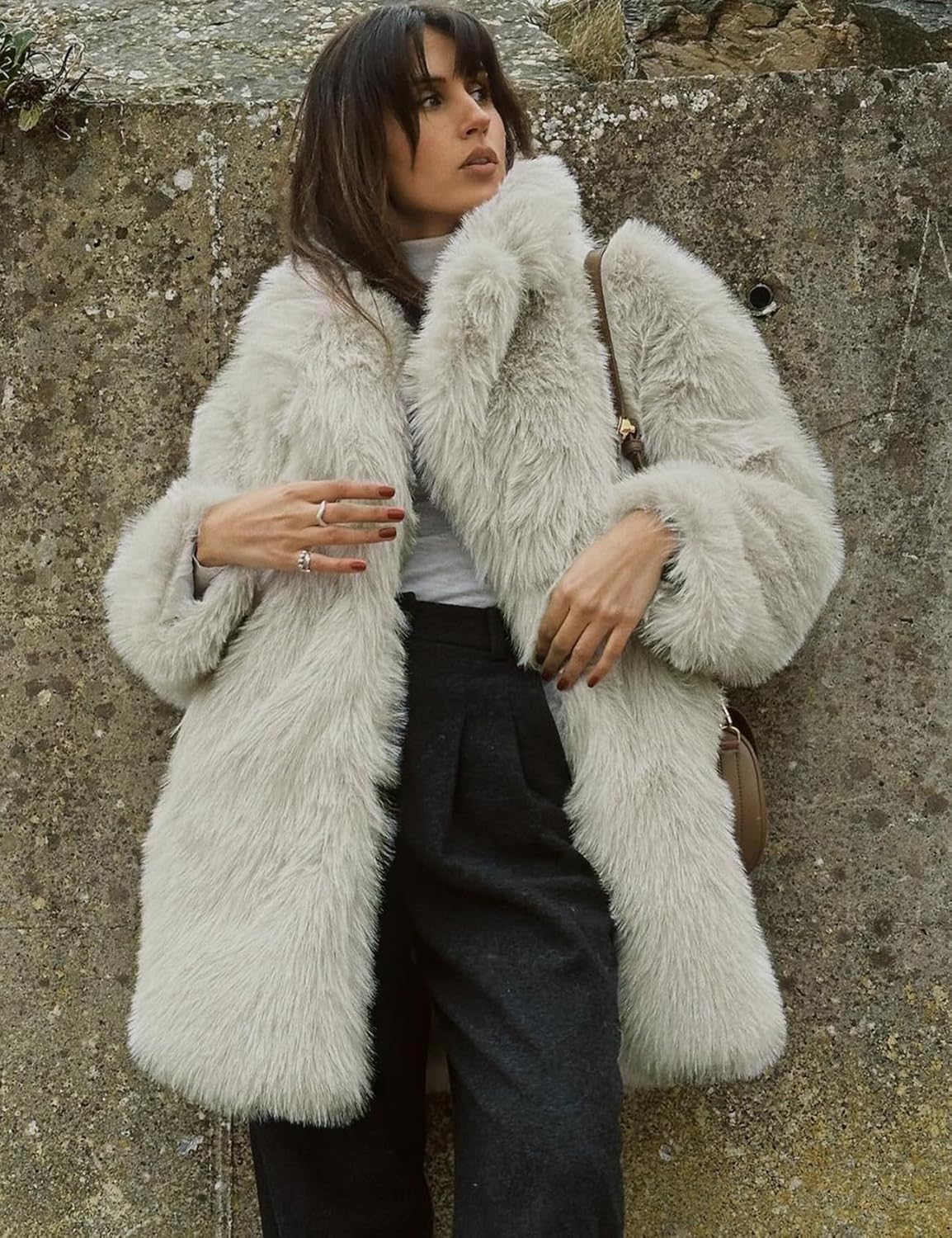 COZYPOIN Womens Faux Fur Coats Warm Mid Long Furry Jackets Long Sleeve Lapel Winter Fluffy Outerwear Shaggy Parka Coat - Image 4