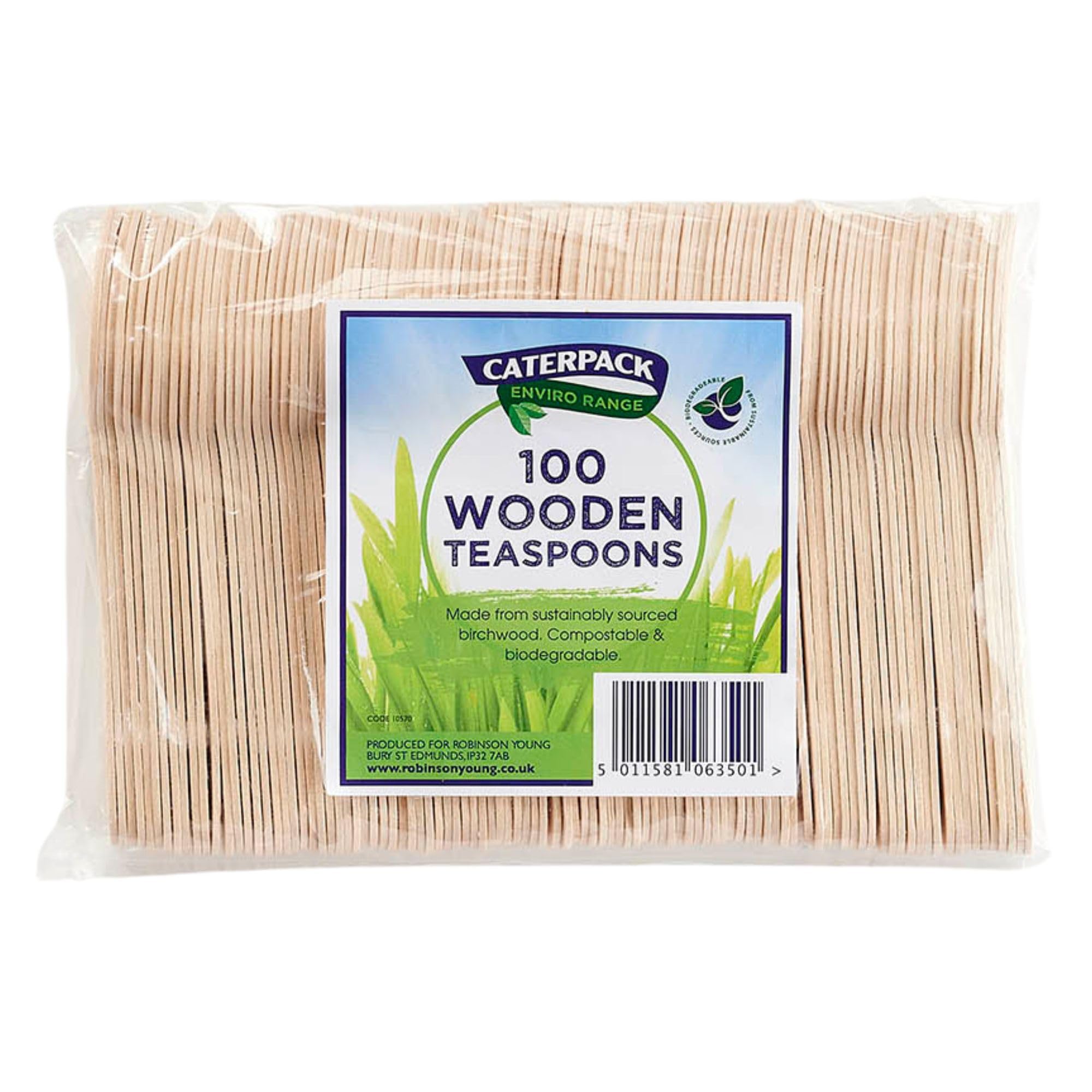 Caterpack Enviro Wooden Teaspoons, fully recyclable and biodegradable. 100% Birchwood, splinter free smooth texture. Perfect for BBQ's/Parties/Food Services. Eco-Friendly. Pack 100.