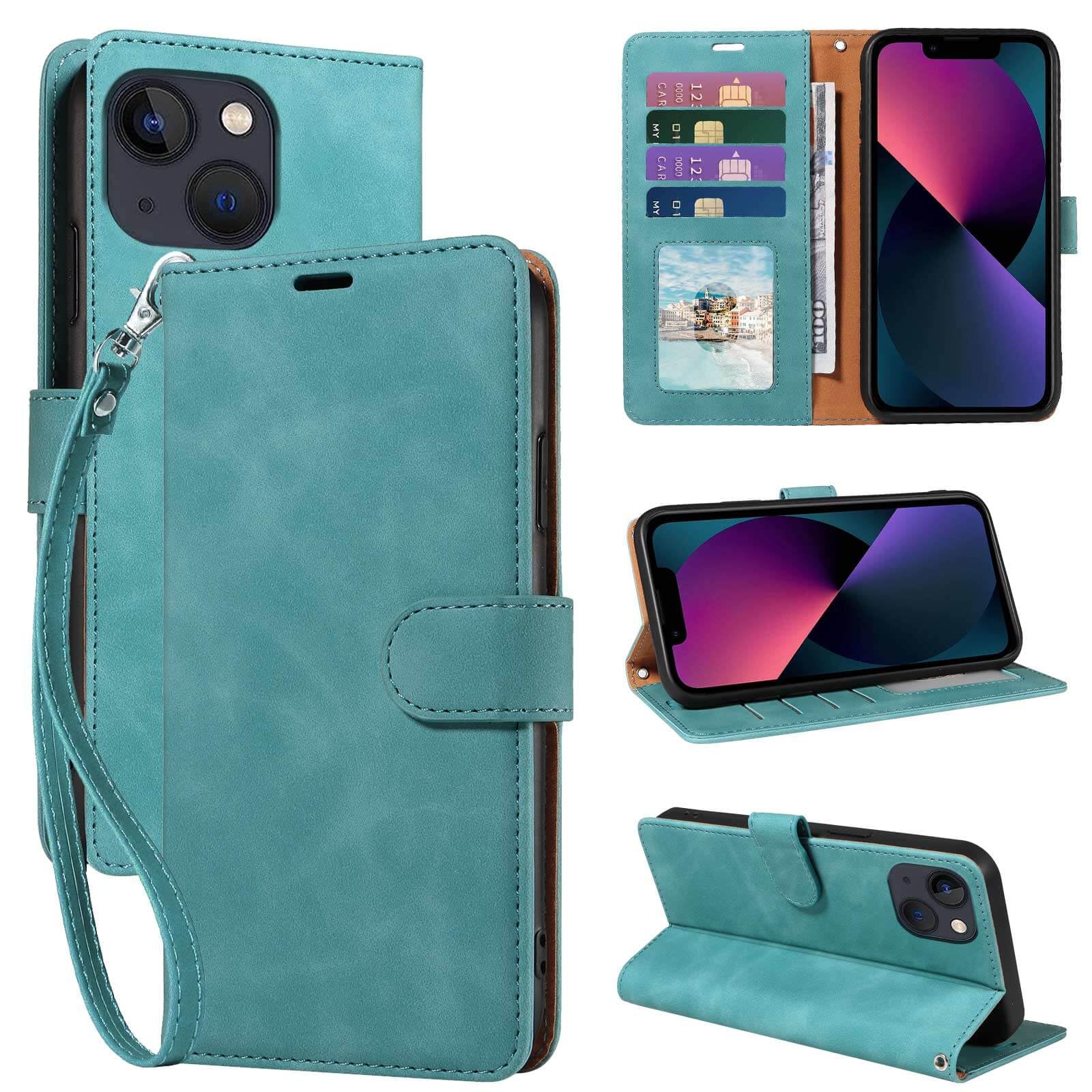 GOTOURED for iPhone 13 Mini Phone Case Wallet, RFID Blocking 3 Card Slots, Wrist Strap, Kickstand, Magnetic Closure