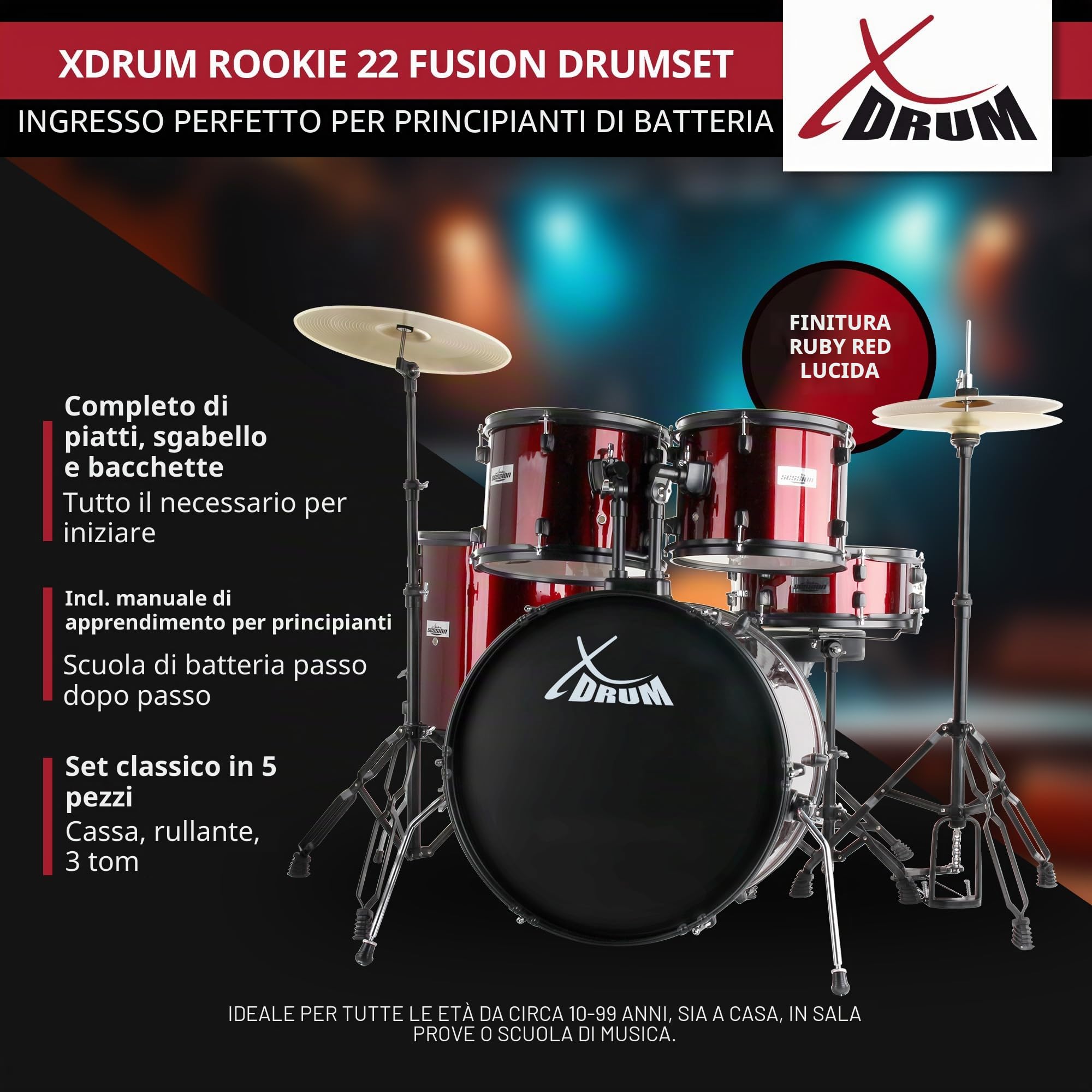XDrum Rookie 22" Fusion Batteria Completa Ruby Red incl. Scuola, 14" TT | Fusti in pioppo acusticamente pregiato con pellicola speciale, Hardware nero a 5 pezzi con doppio supporto, 14" TT, 14" SD