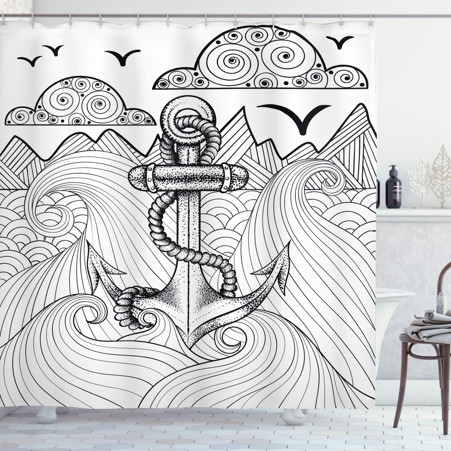ABAKUHAUS Anchor Shower Curtain, Zentangle Style Ocean and Clouds Hand Drawn Arrangement Marine Theme, Cloth Fabric Bathroom Decor Set with Hooks, 86 Inches Extra Long, Black and White — image 1
