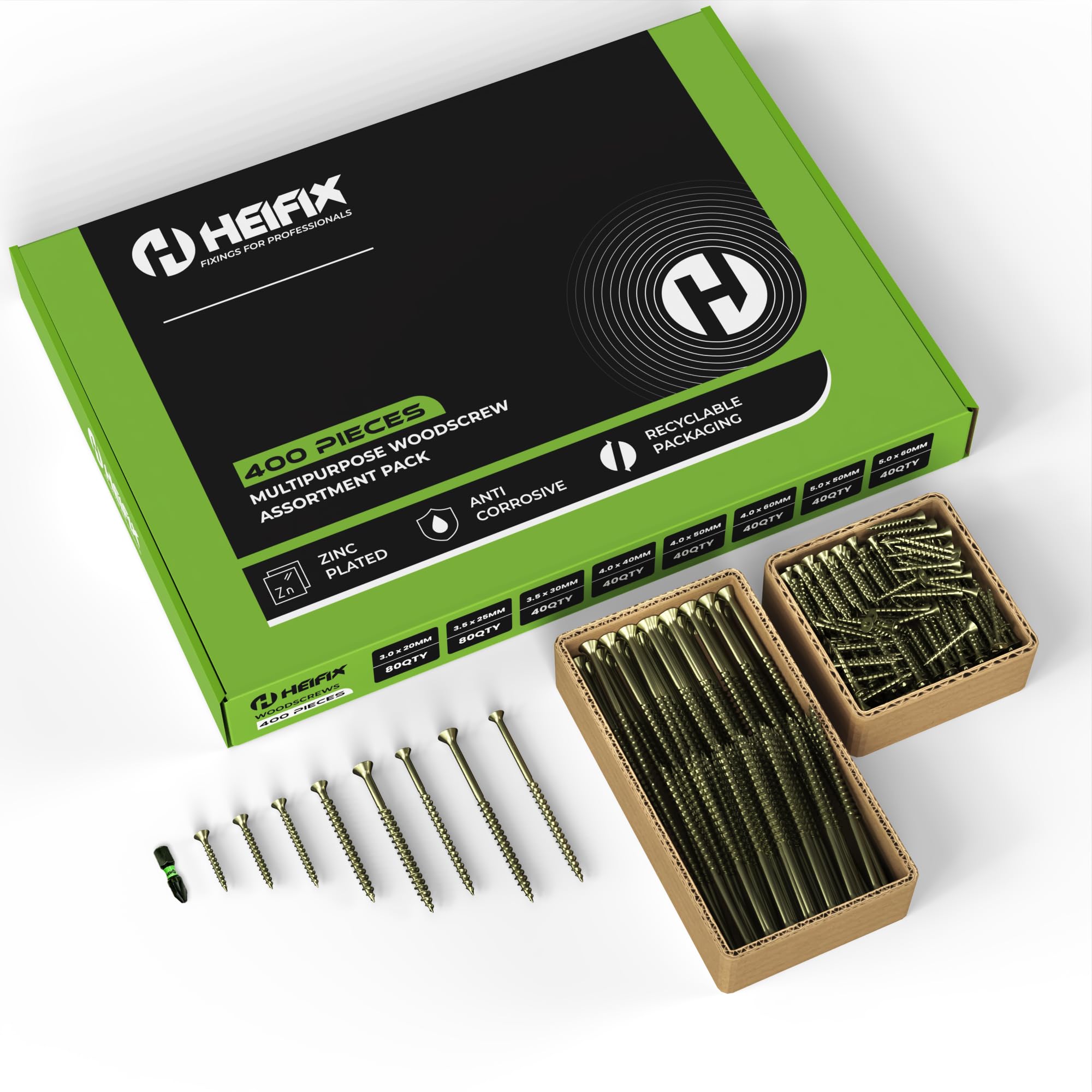 Heifix 400-Piece Wood Screw Assortment Set in Eco Storage Box, FREE Screw Bit Included, Double Countersunk, Pozi, Yellow Zinc - Image 3